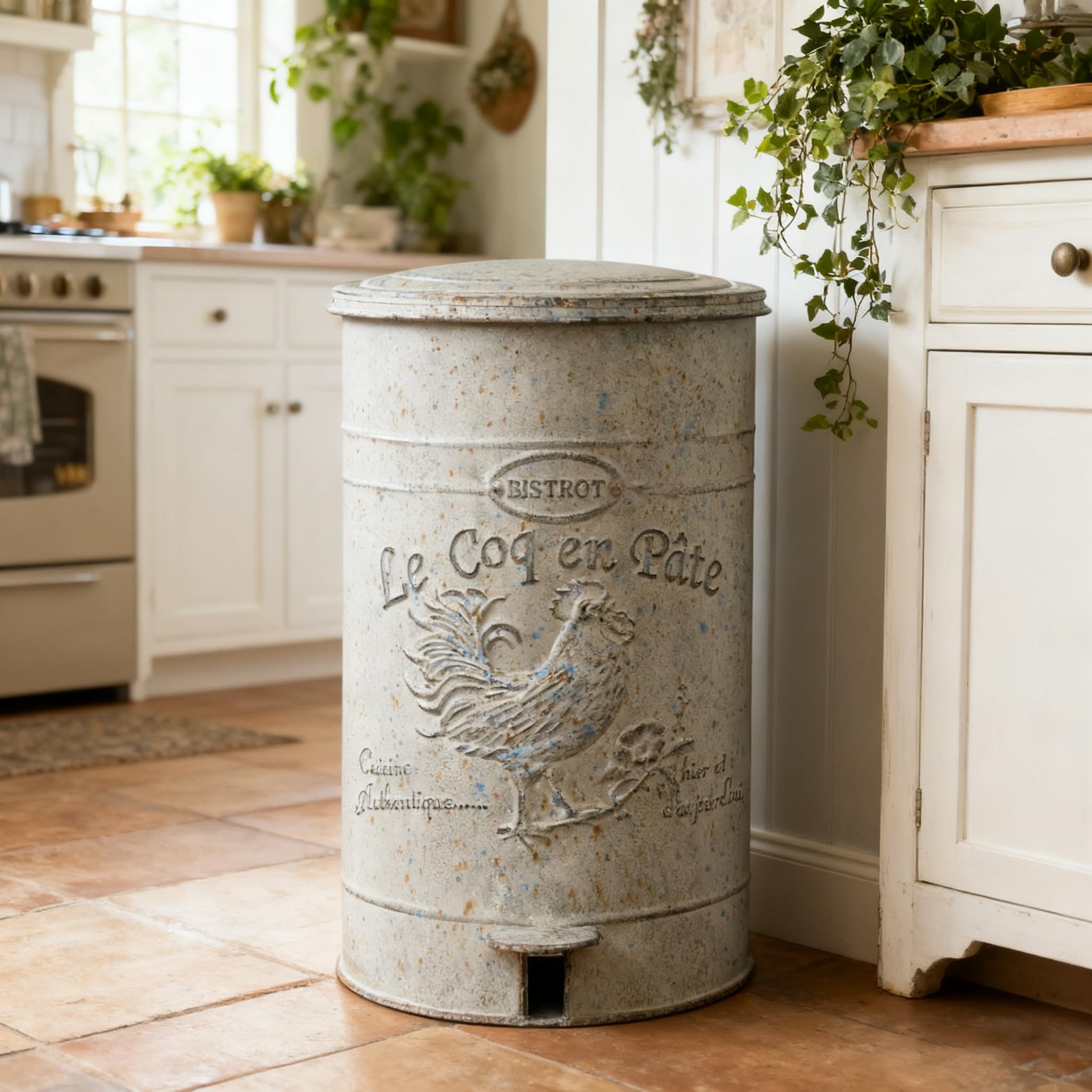 Xynthorvex Retro Metal Trash Can with Lid and Pedal Handmade Distressed Design Rooster Pattern Round Garbage Can Rustic Recycling Waste Bin for Home