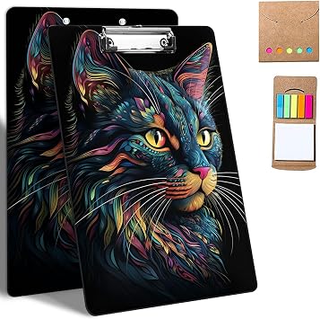 Plastic Clipboards, 9 x 12.5 Clip Boards with Low Profile Clip, Cute Clipboard Clip Board Stardard A4 Letter Size with Notes for Classroom,Office,Students,Women,Watercolor Cat Art