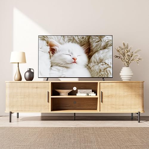 SUNCOZE Soporte de TV acanalado de mediados de siglo de 70 pulgadas con almacenamiento, moderno centro de entretenimiento para televisores de hasta