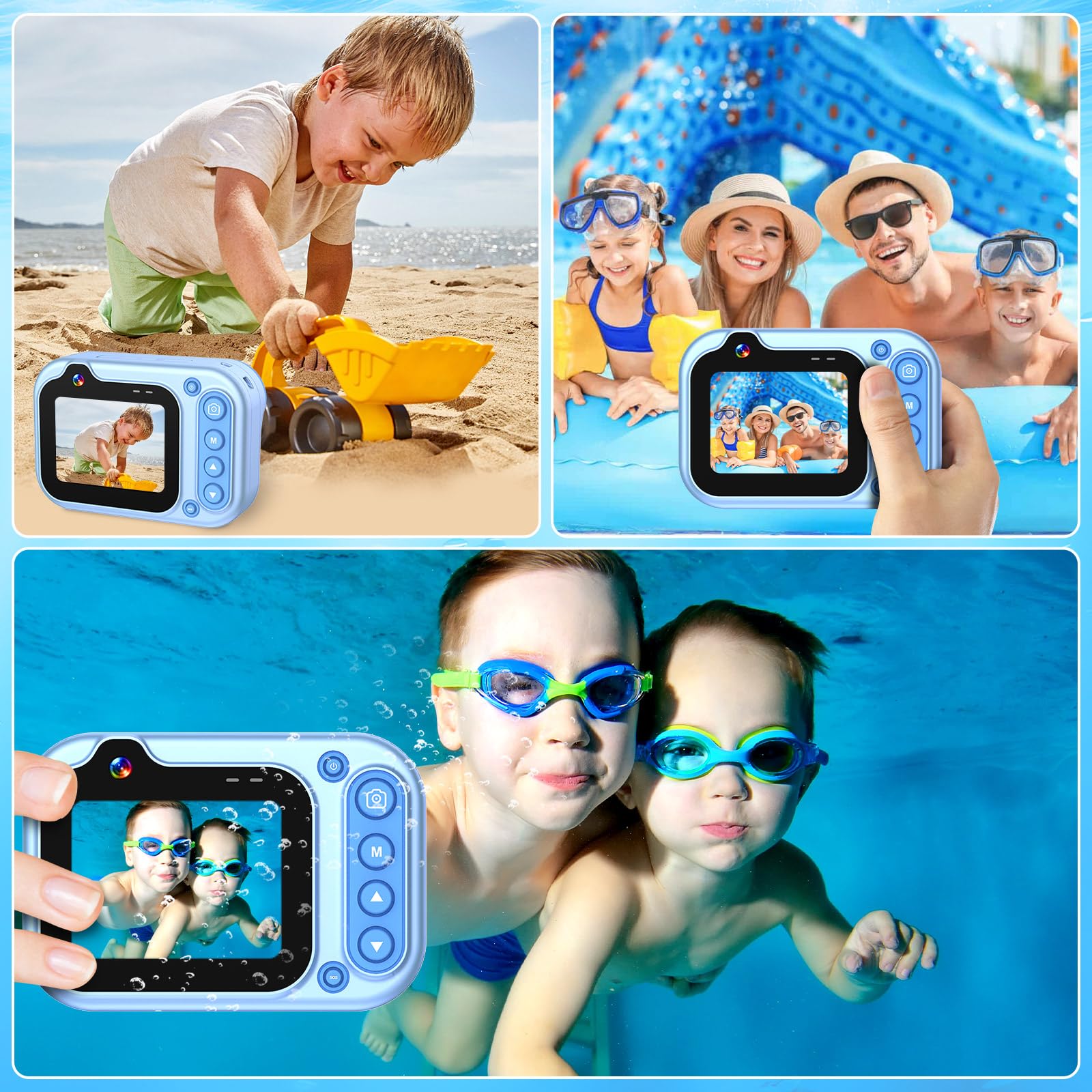 Cámara digital impermeable de 10 pies 1080P Full HD 26MP cámara subacuática, zoom digital 10X, cámara impermeable para esnórquel, selfies subacuáticos, natación, playa, parque acuático, color azul