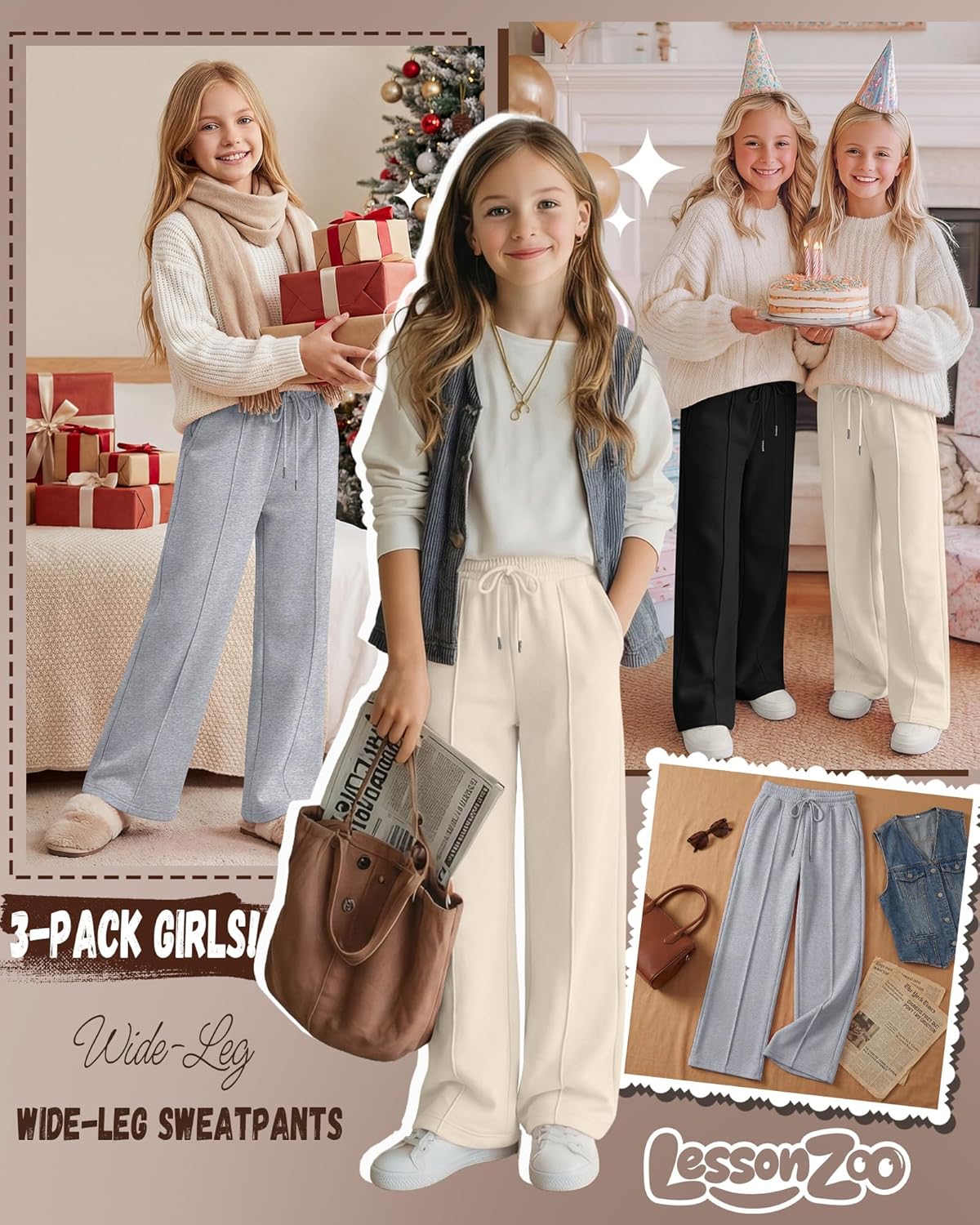 3 Pack Girls Wide Leg Sweatpants Drawstring Baggy Pants Teen Girls Athletic Joggers Pants with Pockets 5-14Y - Image 3