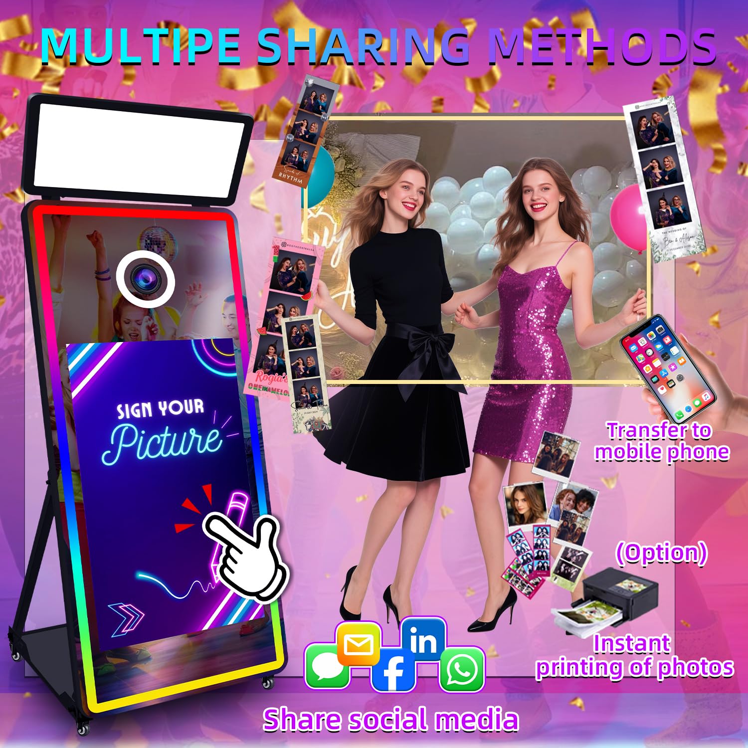 65'' Magiczne Lustro Fotobudka z 43'' Ekranem Dotykowym i Światłami RGB, Fotobudka z Walizką Transportową na Imprezę Urodzinową (Black, 43inch photo booth)