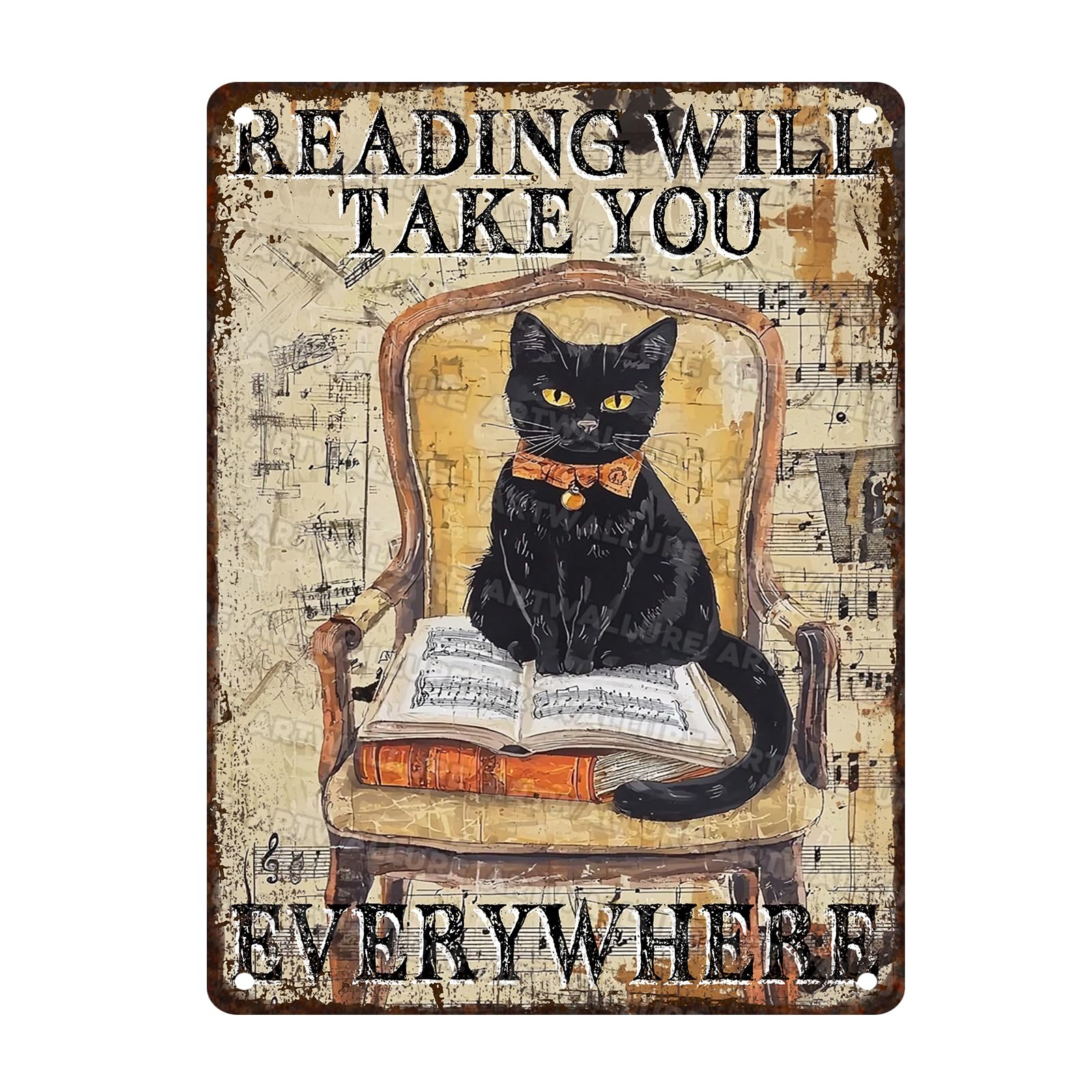Black Cat Retro Wall Art Reading Will Take You Everywhere Vintage Metal Sign for Home Bedroom Office Library Book Decoration 12x16inch
