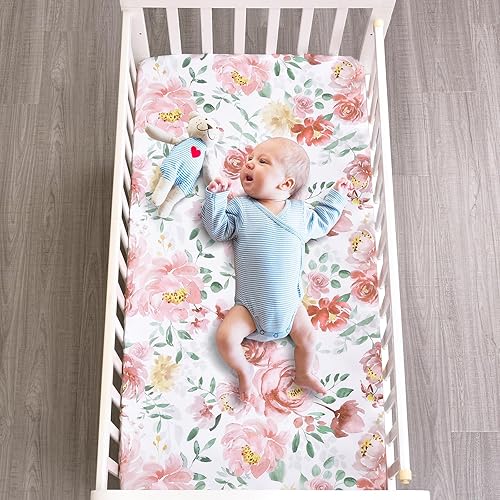 Miniatura 3 de PHF Sábana bajera suave y floral para cuna, paquete de 2 sábanas sedosas y cómodas y transpirables para niñas, 28 x 52 x 9 pulgadas, se adapta a