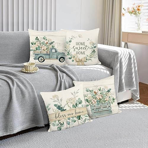 Miniatura 3 de Bonhause Juego de 4 fundas de almohada de hojas de eucalipto de 18 x 18 pulgadas, color azul, para decoración del hogar, casa de campo, fundas de