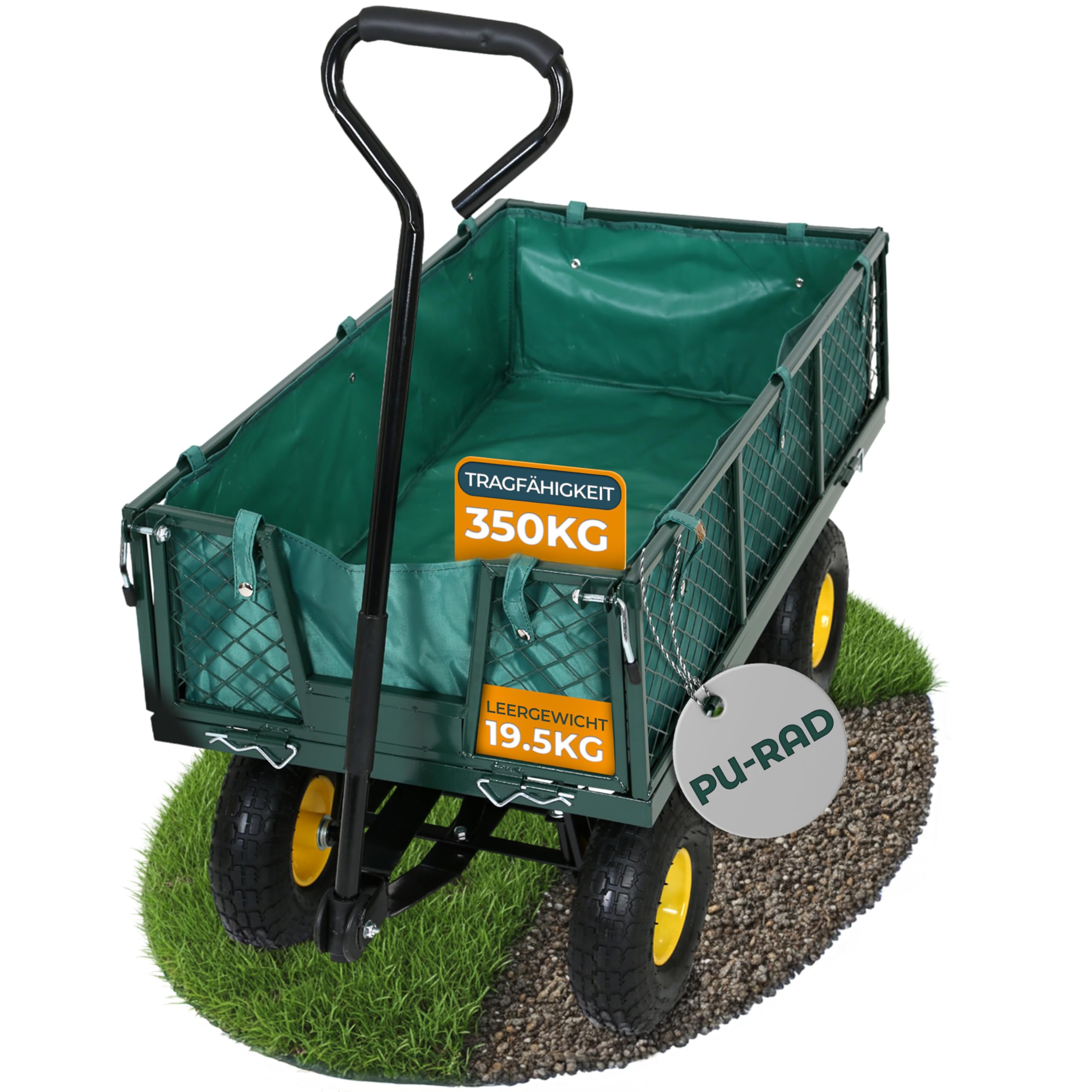 FROSAL Transportwagen Phil mit PU-Rädern – Gartenwagen mit klappbaren Seitenwänden – Eigengewicht 19,5 kg – bis 350 kg Tragkraft – Maße 96,5×50,5×56,5 cm – Ø 26 cm Räder – Stahlrahmen mit Innenplane