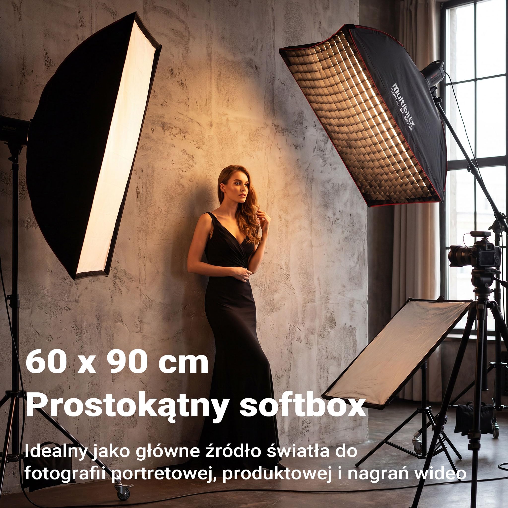 Multiblitz Softbox SF-60x90 Bowens, z siatką i dyfuzorami, modyfikator światła do lamp studyjnych i stałego światła LED, dyfuzor światła do fotografii portretowej i oświetlenia filmowego