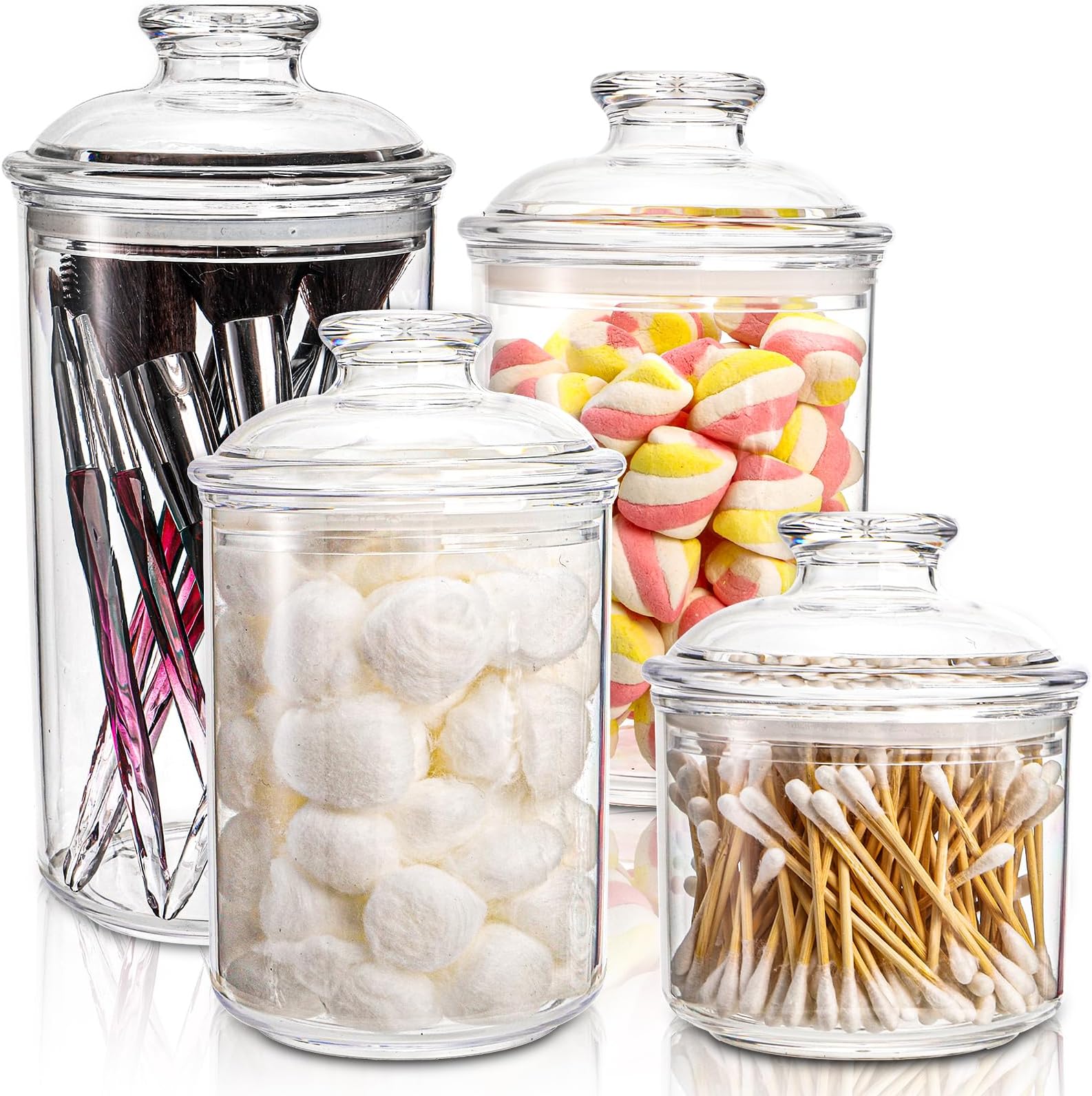 4 Pack Clear Plastic Apothecary Jars, Plastic Storage Jar Canister with Airtight Lid, Cotton Ball Holder Bathroom, Candy Cookie Container Organizer for Bath Salt, Vanity, 33 Oz/23 Oz/13 Oz