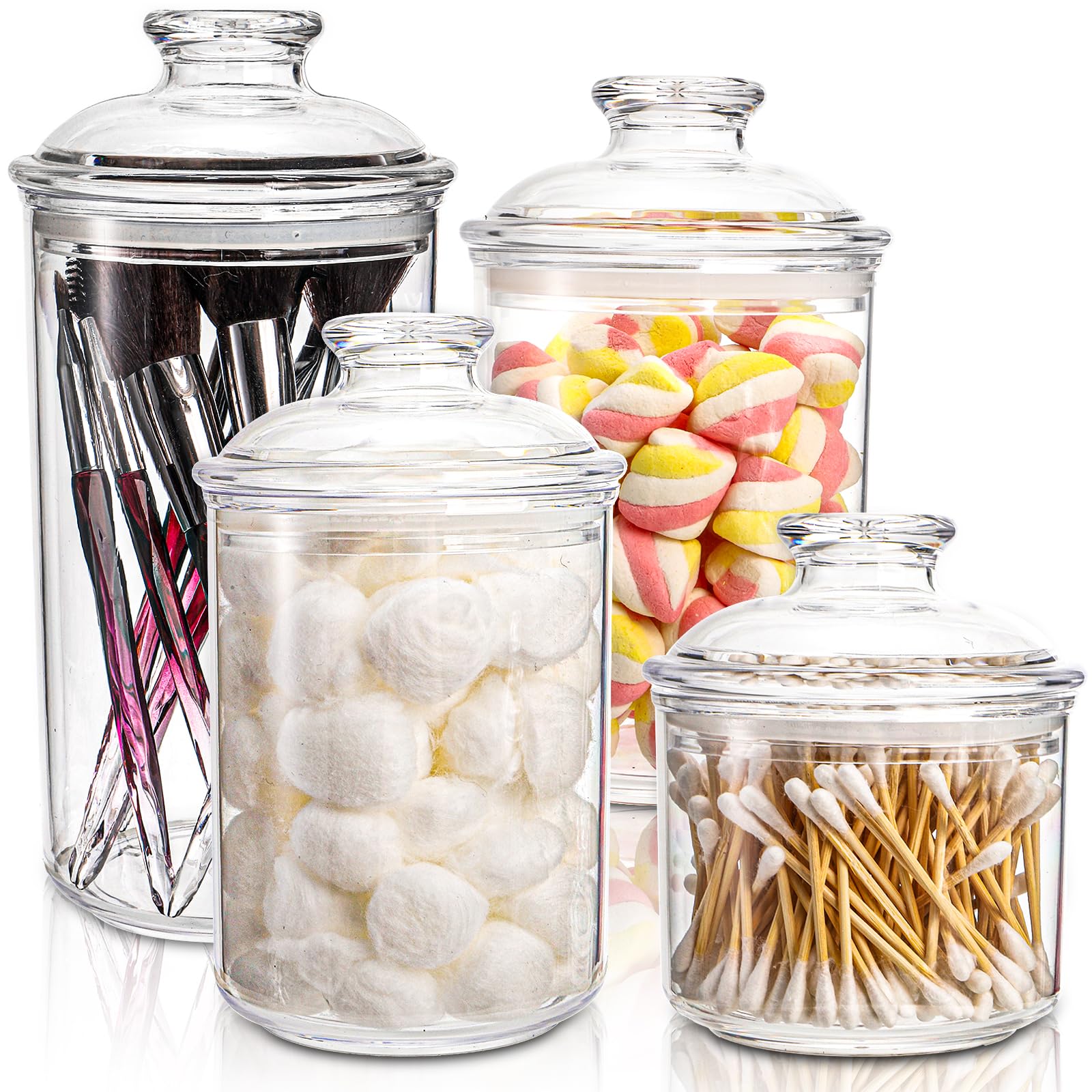DEAYOU 4 Pack Clear Plastic Apothecary Jars, Plastic Storage Jar Canister with Airtight Lid, Cotton Ball Holder Bathroom, Candy Cookie Container Organizer for Bath Salt, Vanity, 33 Oz/23 Oz/13 Oz