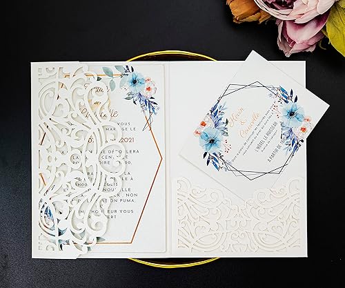 Miniatura 5 de 20 tarjetas de invitación de boda cortadas con láser, bolsillos con sello de sobre, diseño floral para bodas, fiestas, despedidas de soltera,