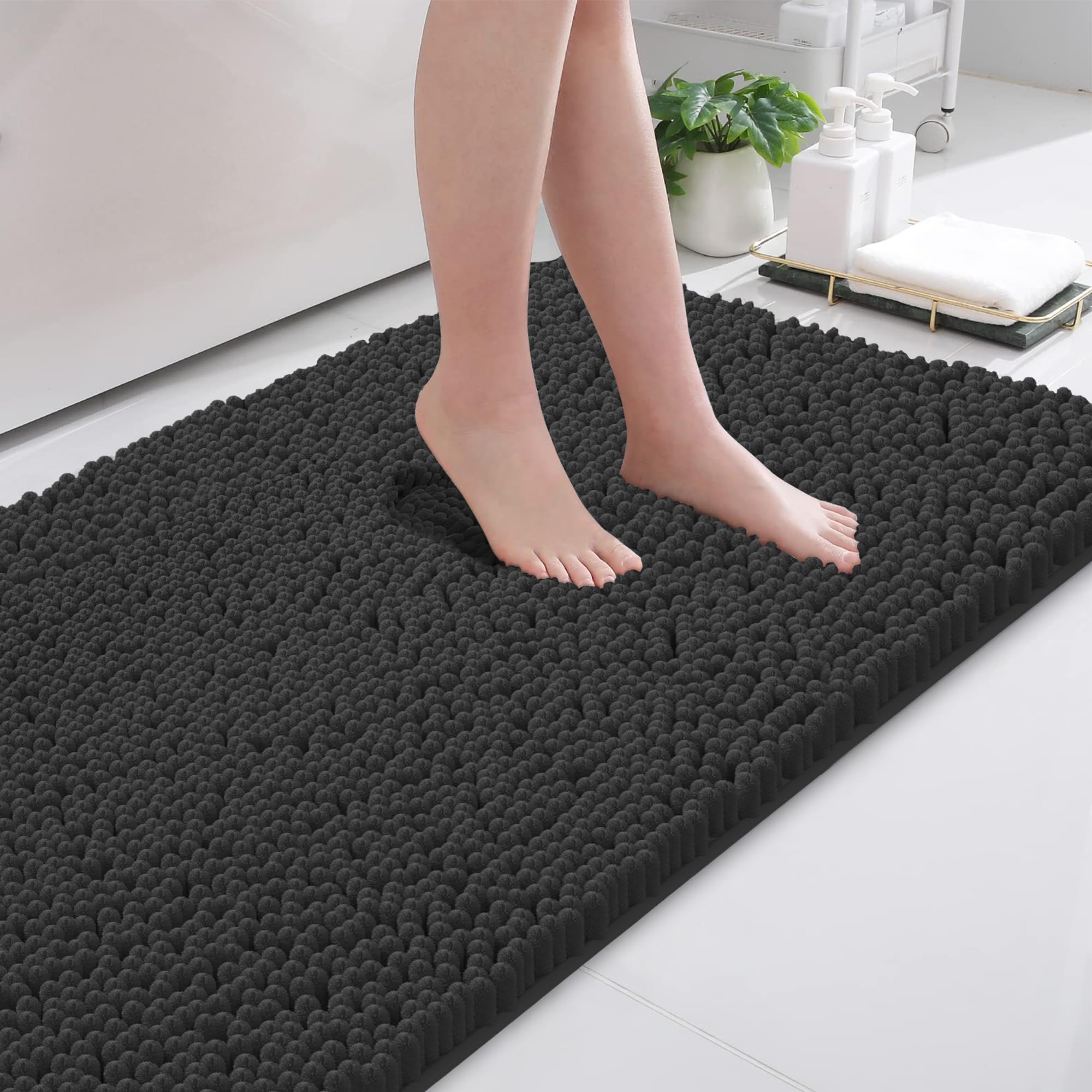 DTXDTech Bathroom Mat 50 x 80 cm, Non Slip Bath Mat, Chenille 20 * 32inch Toilet Rug, Soft and Absorbent Bath Mat for Bathroom, Bedroom, Kitchen (Dark Grey)OEKO-TEX STANDARD 100