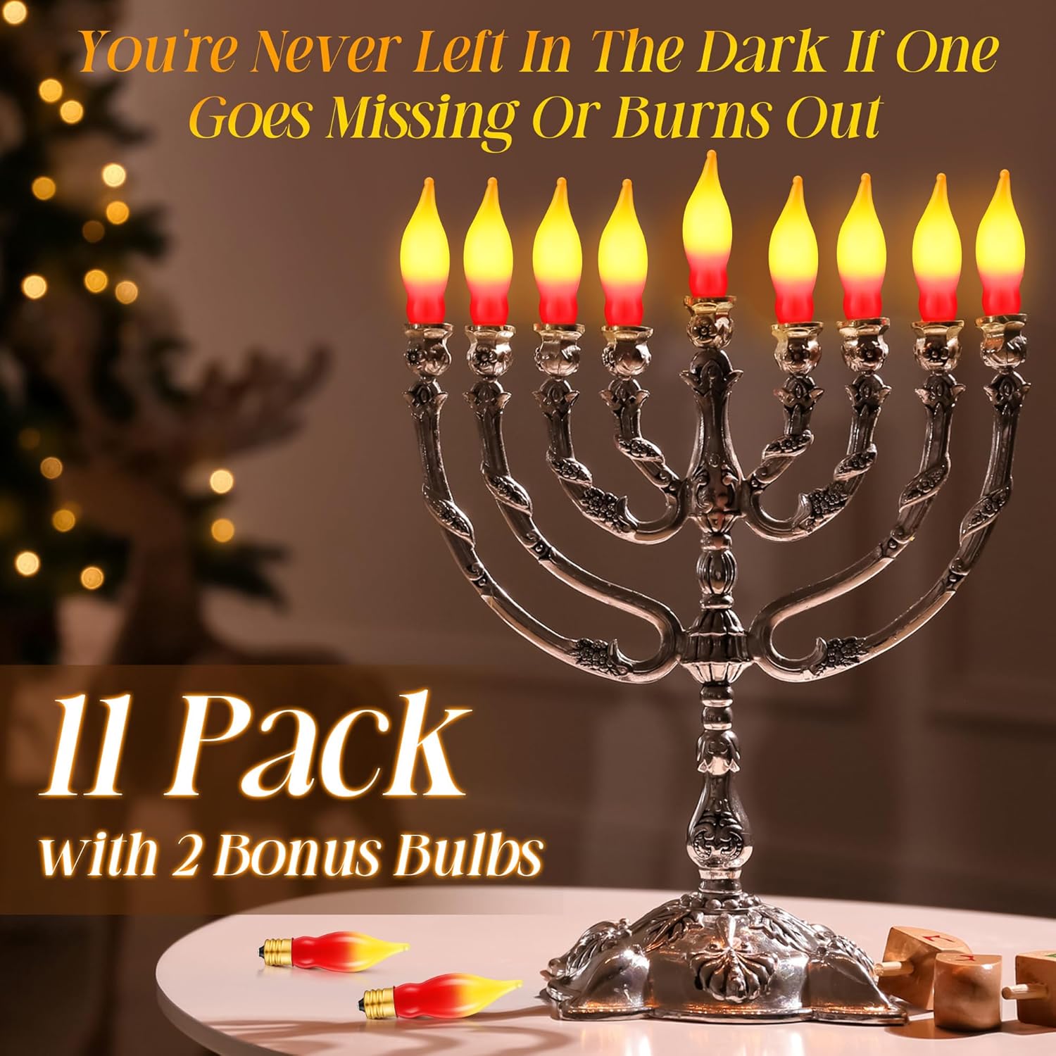 11 Pack Christmas Flame Shape Light Bulbs, Red Yellow Christmas Flame Replacement Bulbs for Window Candles, Electric Menorah, Xmas Night Lights, C7/E12 Candelabra Base, 5 Watt, 120 Volt