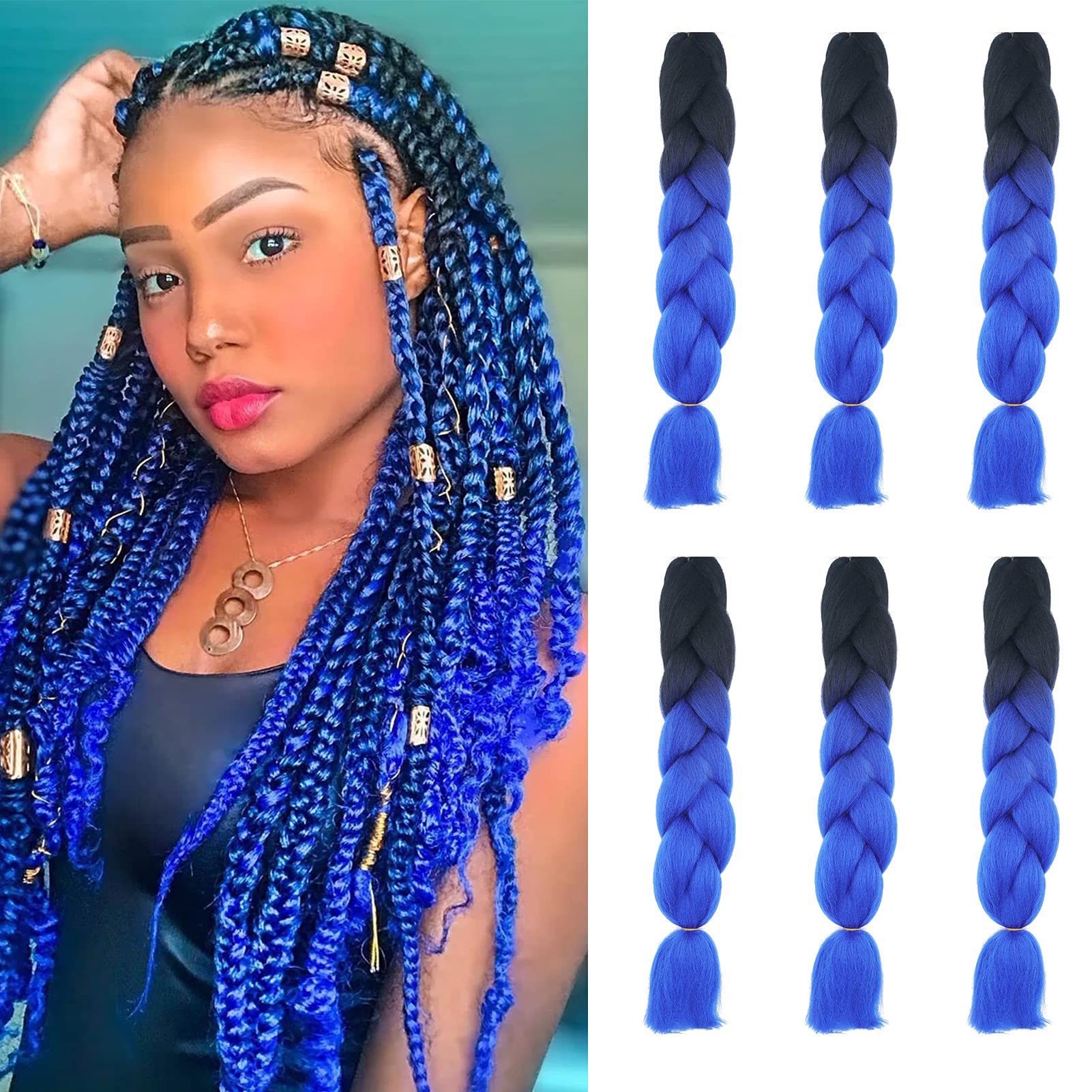 24inch Jumbo Braids Hair Extensions Ombre Braiding Hair Synthetic 3Pieces/lot Crochet Twist High Temperature African Box Braids, Sapphire Blue — view 64