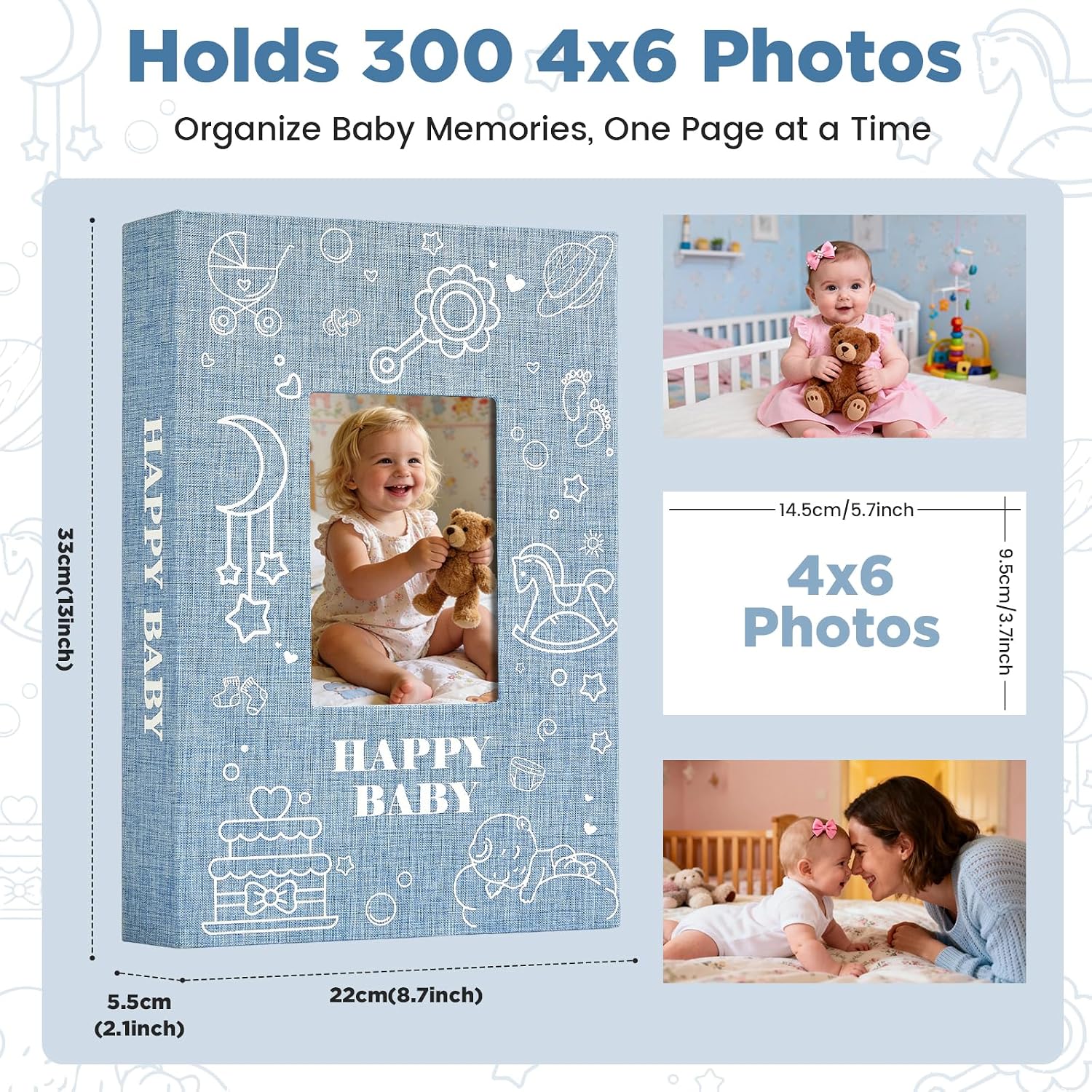Baby Photo Album 4x6 300 Pockets with Memo Area, Photo Stickers & Hand and Footprint Kit, Linen Cover Baby Memory Book with Front Window, First Year Keepsake for Newborn Boy Girl