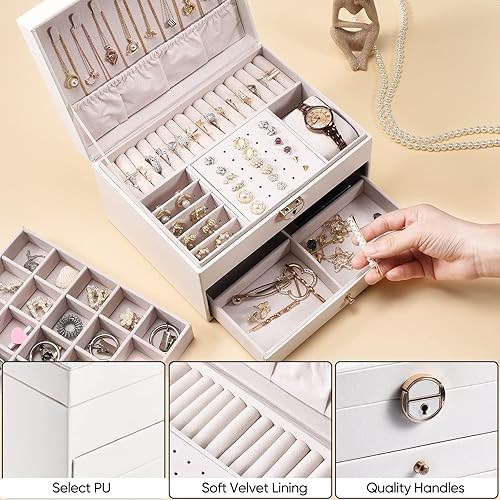 Miniatura 4 de ZonGoods Cajas de joyería para mujer con candado caja organizadora de joyas de cuero grande de 3 capas caja de joyería para anillos aretes collares