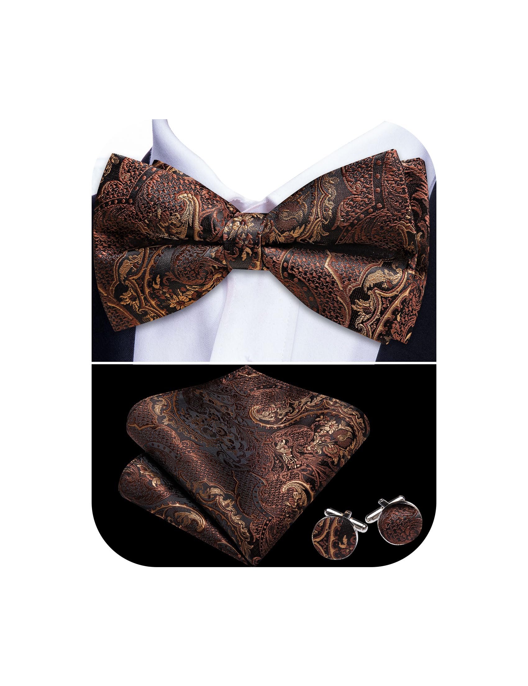 Barry.Wang Paisley Striped Bow Tie for Men Silk Pre-Tied Bowtie Set | Woven Mens Bowties,Pocket Square Cufflinks Set,Formal,Casual,Wedding,Party,Prom,Graduation,Festival,Classic,Elegant