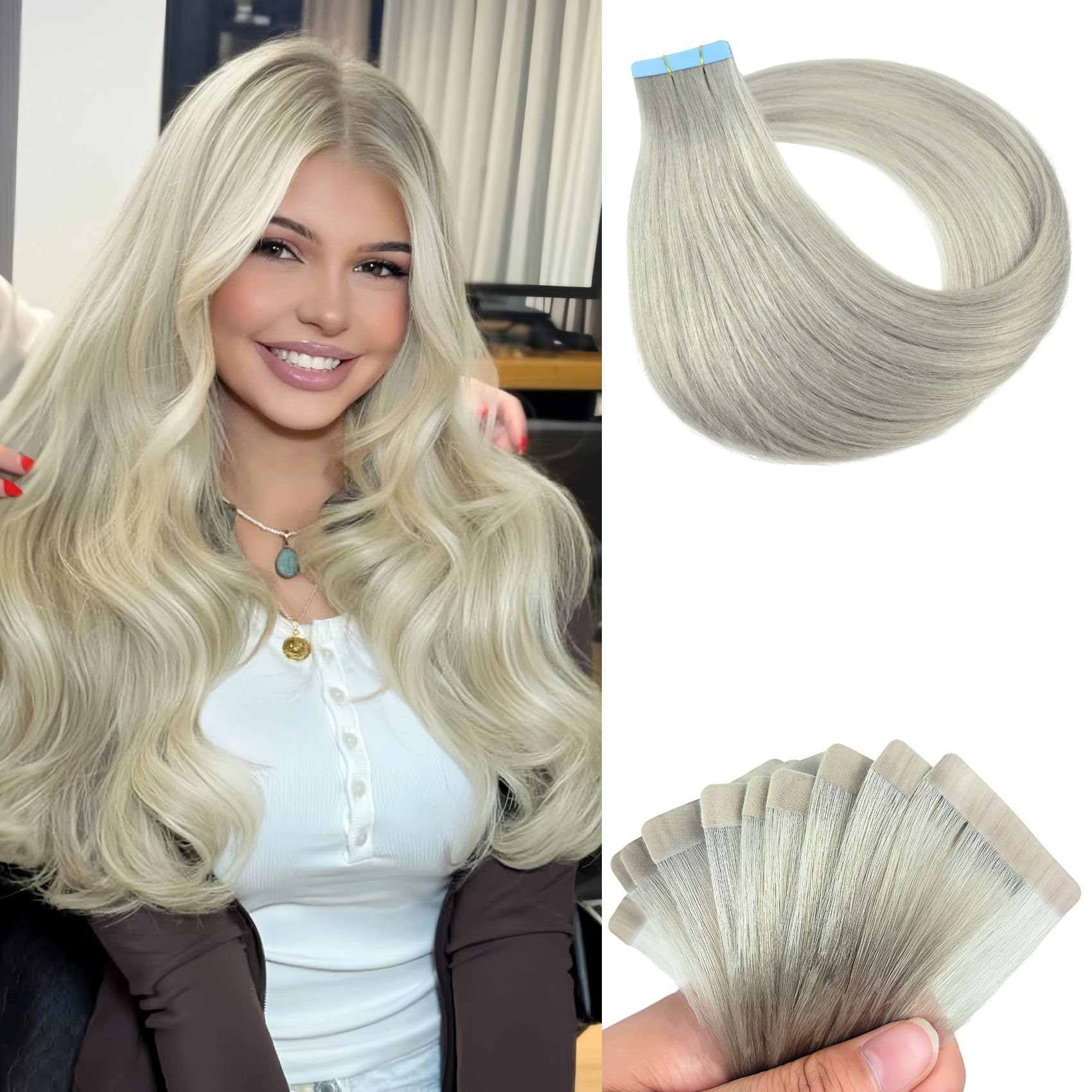 Silver Tape in Hair Extensions Human Hair Invisible Diy Hair Extensions Real Human Hair Tape Ins 18Inch 20Pcs 30G for Women