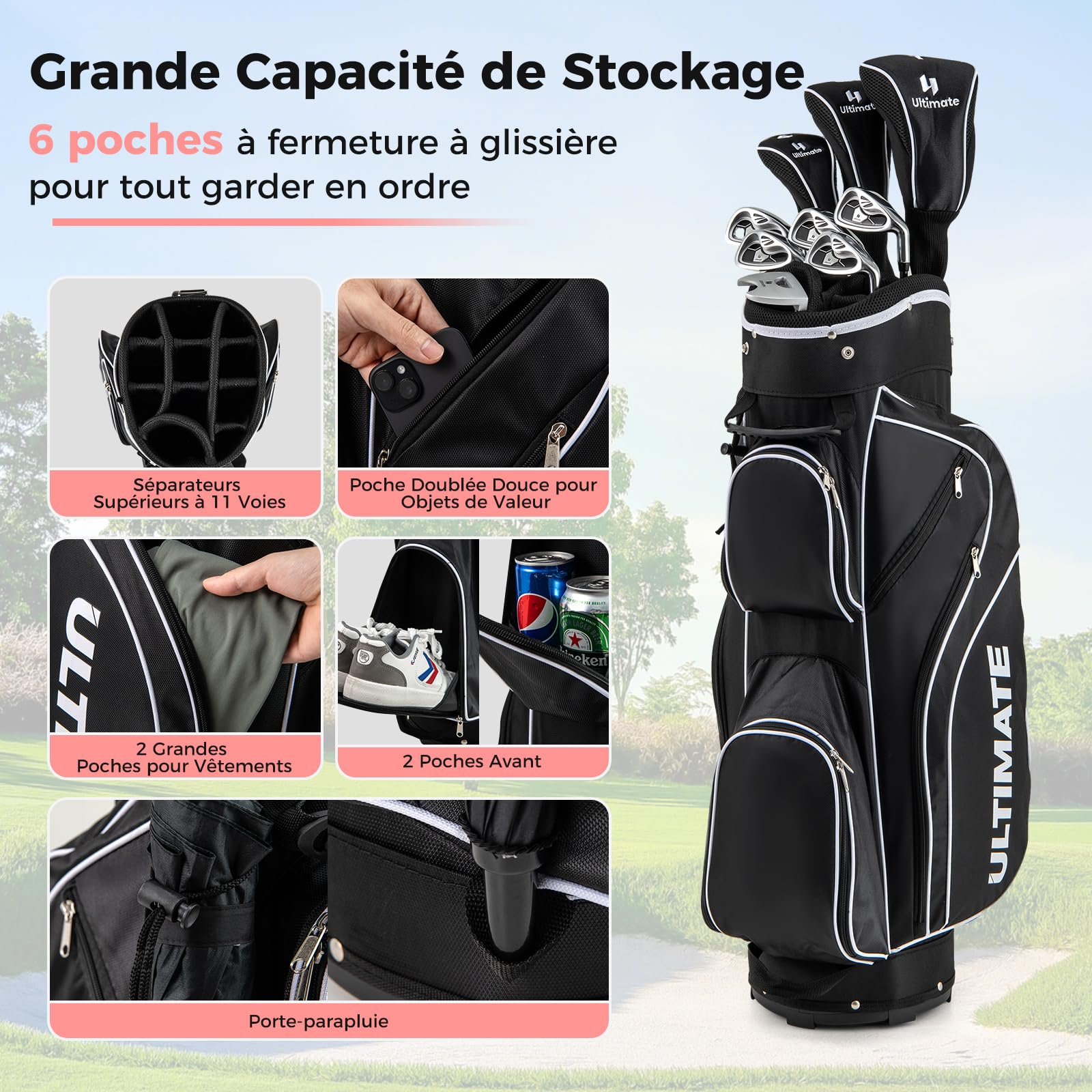 COSTWAY Ensemble de Golf Complet pour Femmes, Comprend 460CC #1 Driver #3 Fairway #4 Hybride #6#7#8#9 & #P Fers Putter 3 Protèges-Chef et Sac de Chariot Portable, pour Dames