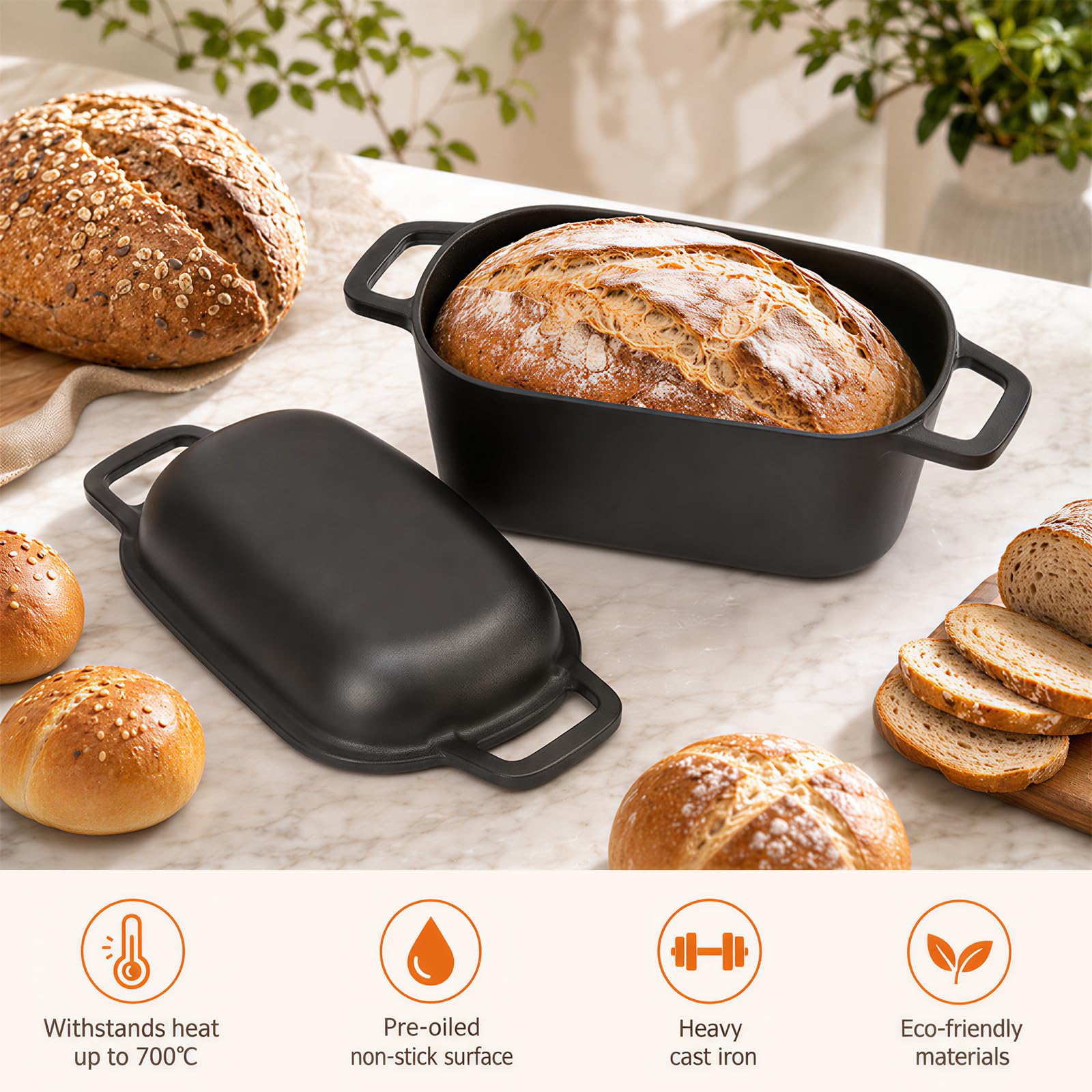 QuliMetal Brotbackform mit Sauerteig-Brotback-Set, ovaler Sauerteig-Brottopf mit Deckel, vorgebrannt,3.4L, strapazierfähig, hausgemachte Brotherstellung