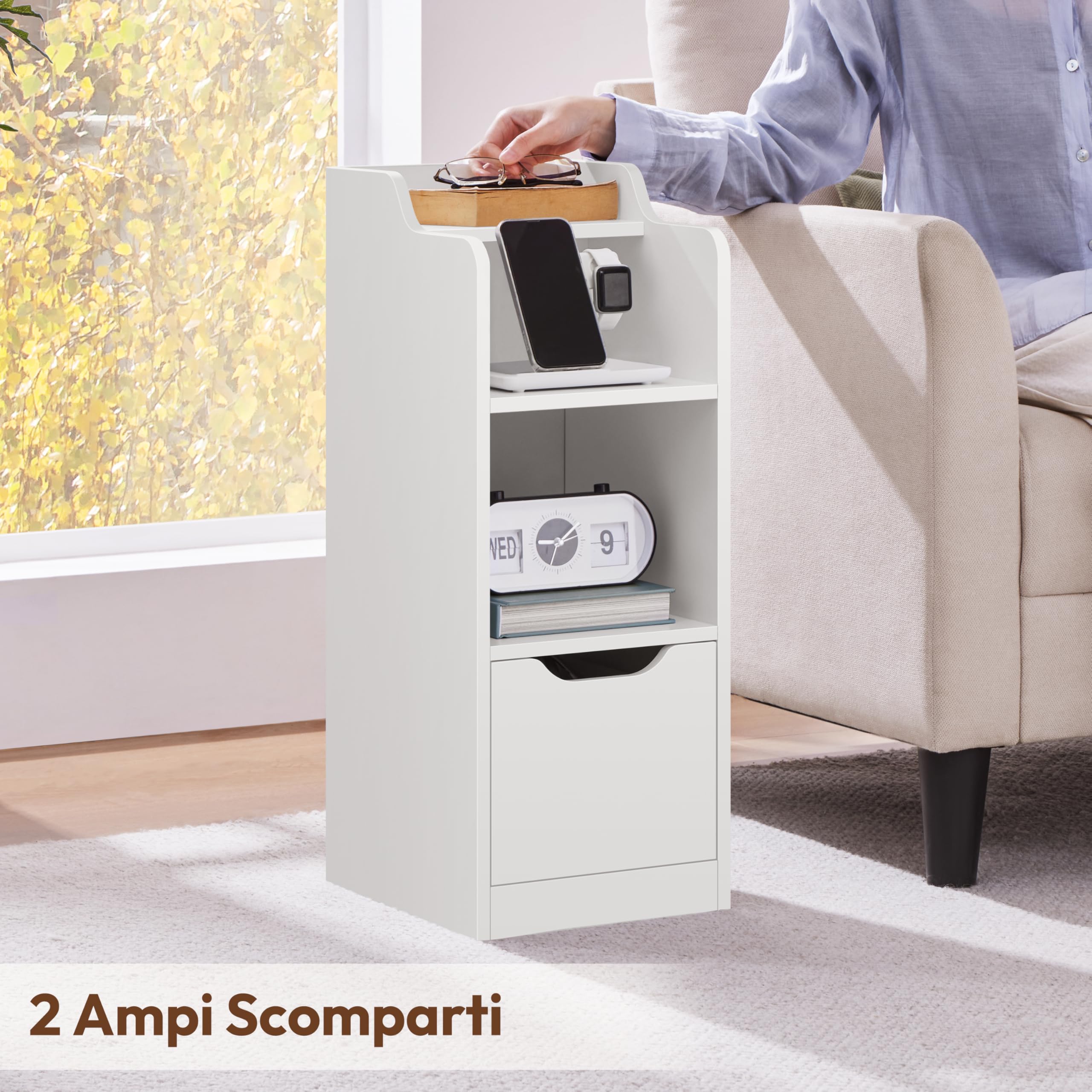 Yaheetech Comodino Stretto, Comodino con Cassetto, 2 Scomparti Apert e Ripiano Superiore, Tavolino da Notte Salvaspazio per Camera da Letto, Soggiorno, Bianco 25 x 35 x 65 cm