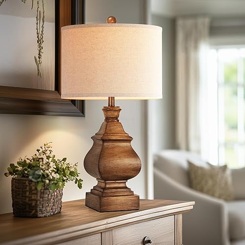 Miniatura 8 de QiMH Lámpara de mesa de resina vintage de granja para sala de estar, lámpara de noche rústica para dormitorio, lámpara de mesita de noche retro para