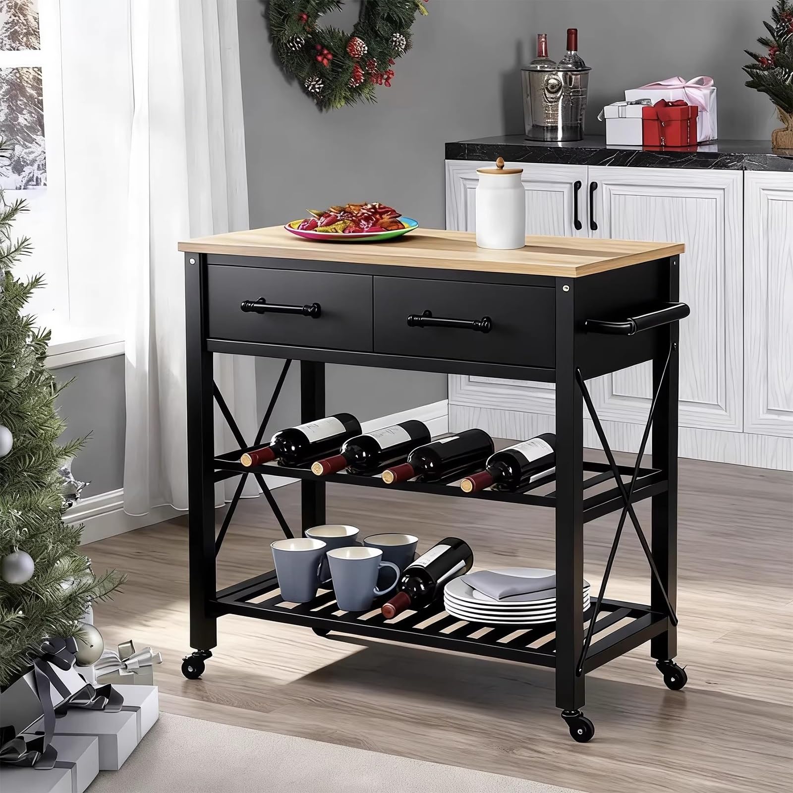 Mobile contenitore per cucina ad isola Carrello da cucina con rotelle for isola cassetti portaoggetti mobile ripiani aperti e piano in legno