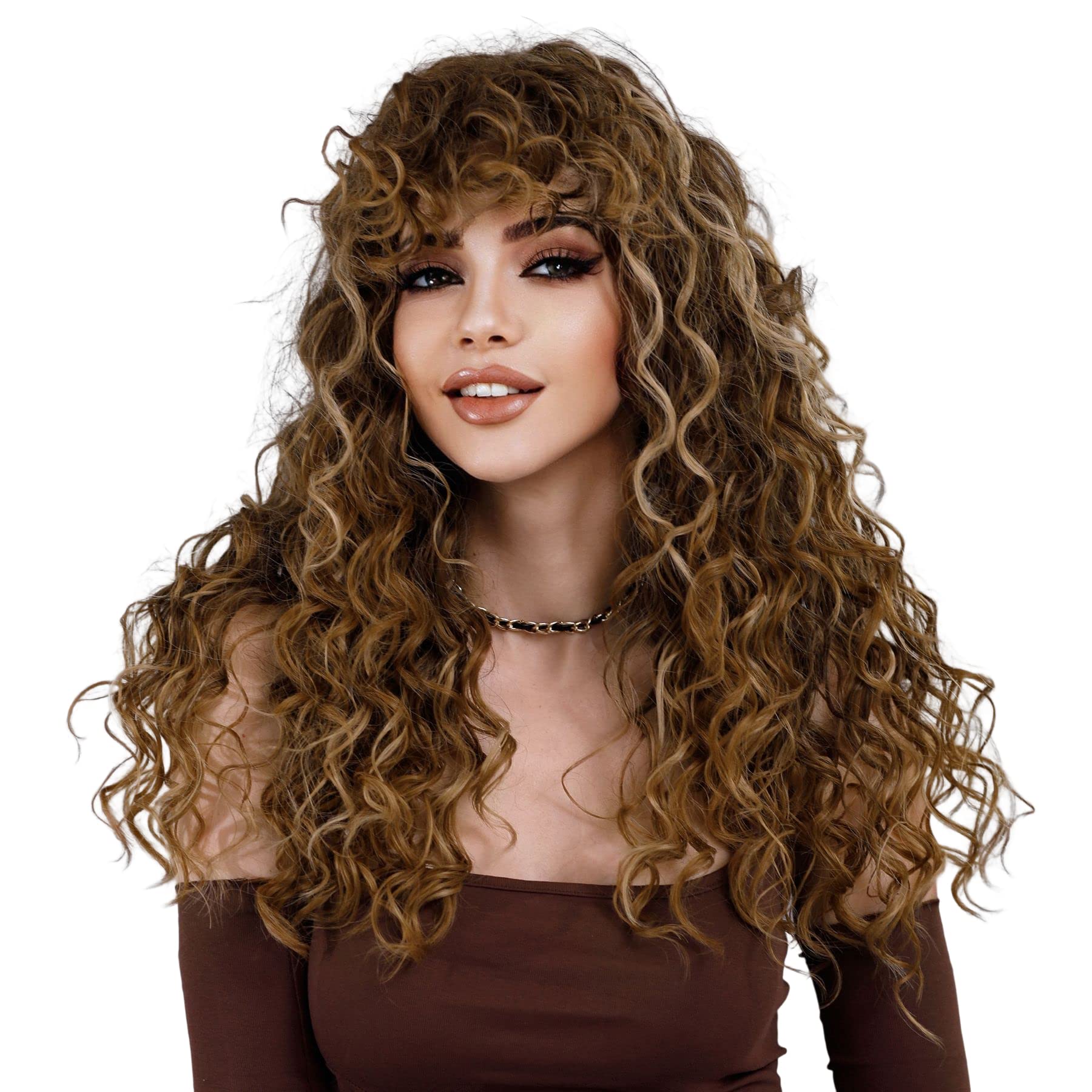 7JHH WIGS Long Kinky Curly Wigs with Bangs,24in Highlight Honey Blonde Deep Wave Synthetic Pelucas afro half wig for Black Women