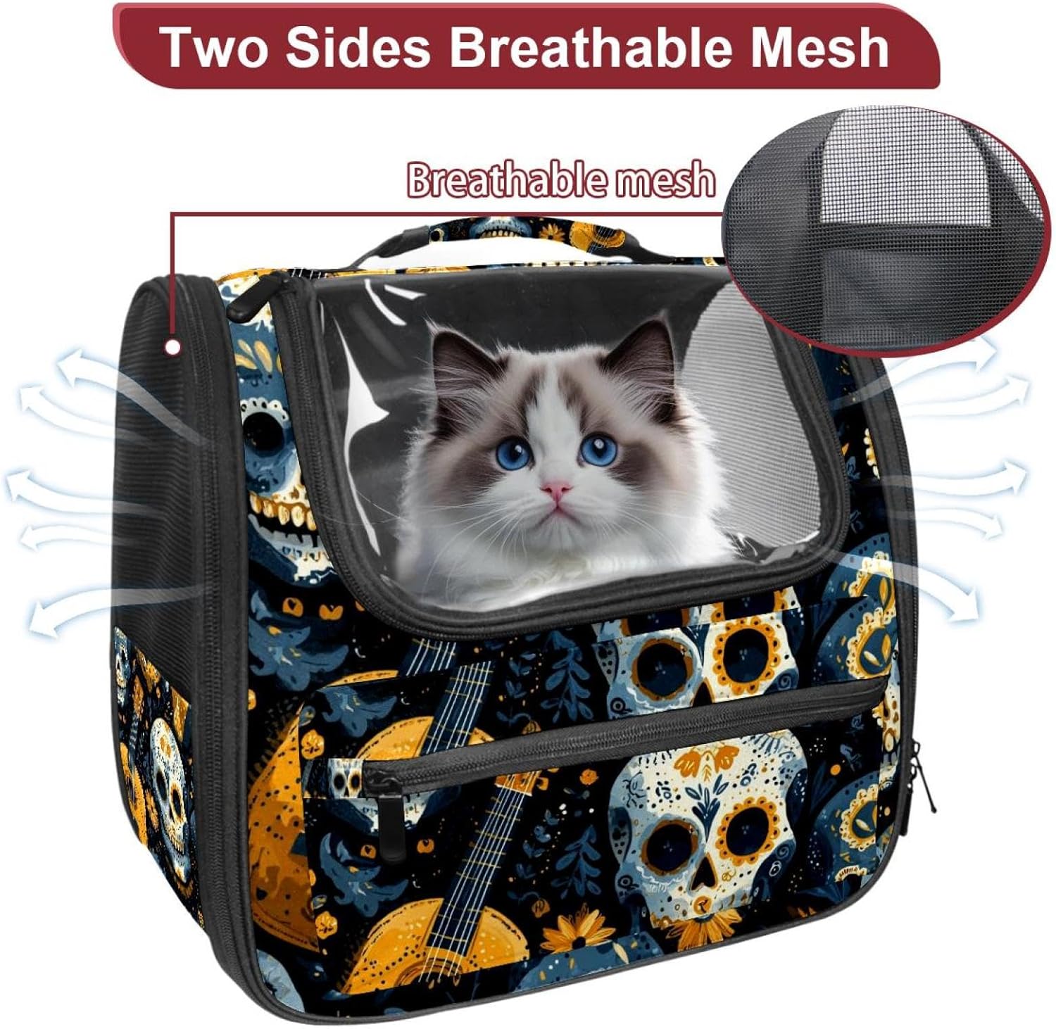 Dia de Los Muertos Skulls and Guitar Cat Carriers Dog Carrier Pet Carrier with Locking Safety Zippers for Cats, Kitties, Puppies and Small Dogs