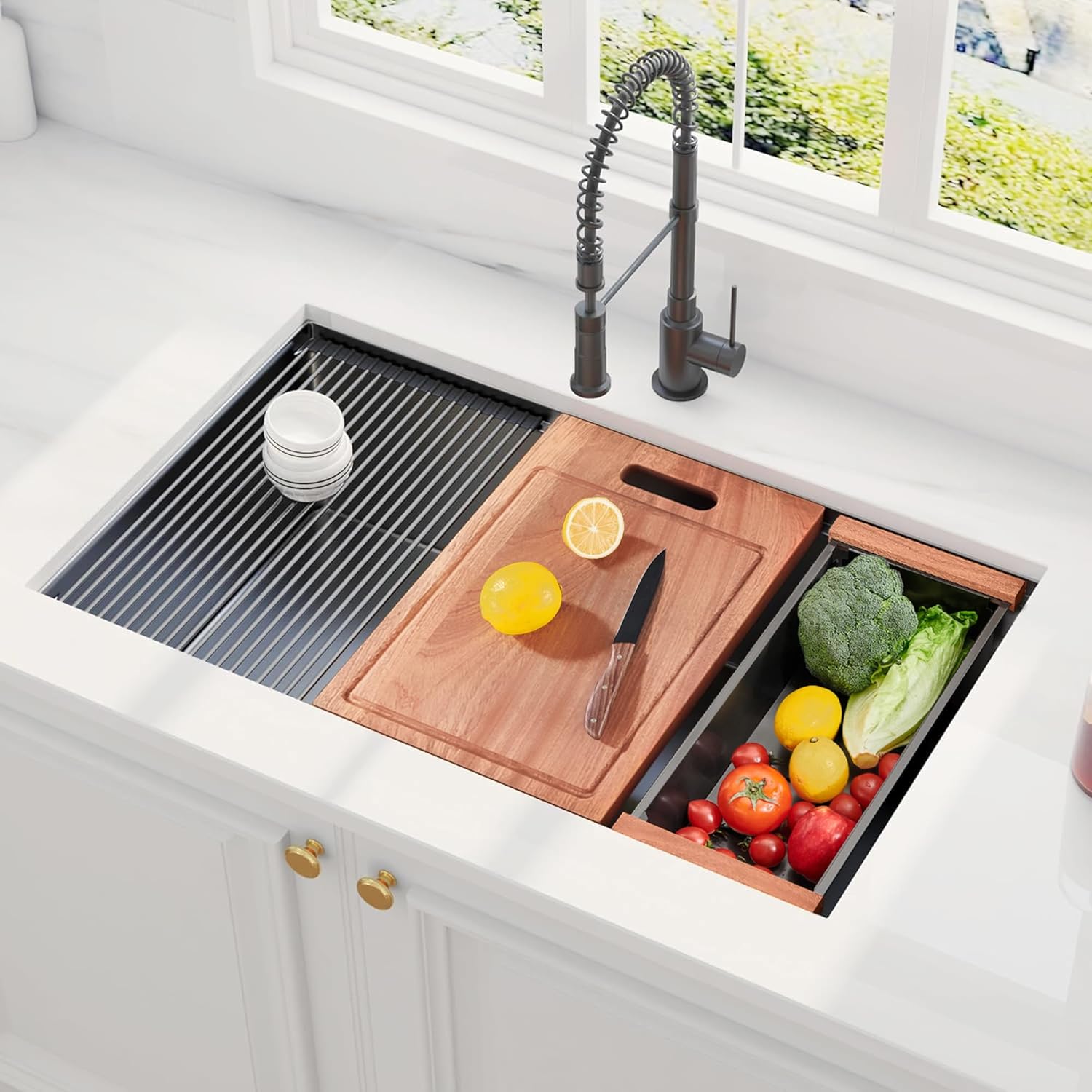 30 inch Black Undermount Kitchen Sink, Hausinluck 16 Gauge Stainless Steel Undermount Workstation Sink, Handmade Single Bowl Kitchen Sink R10 Round Corner with Ledge and Accessories (Pack of 5)