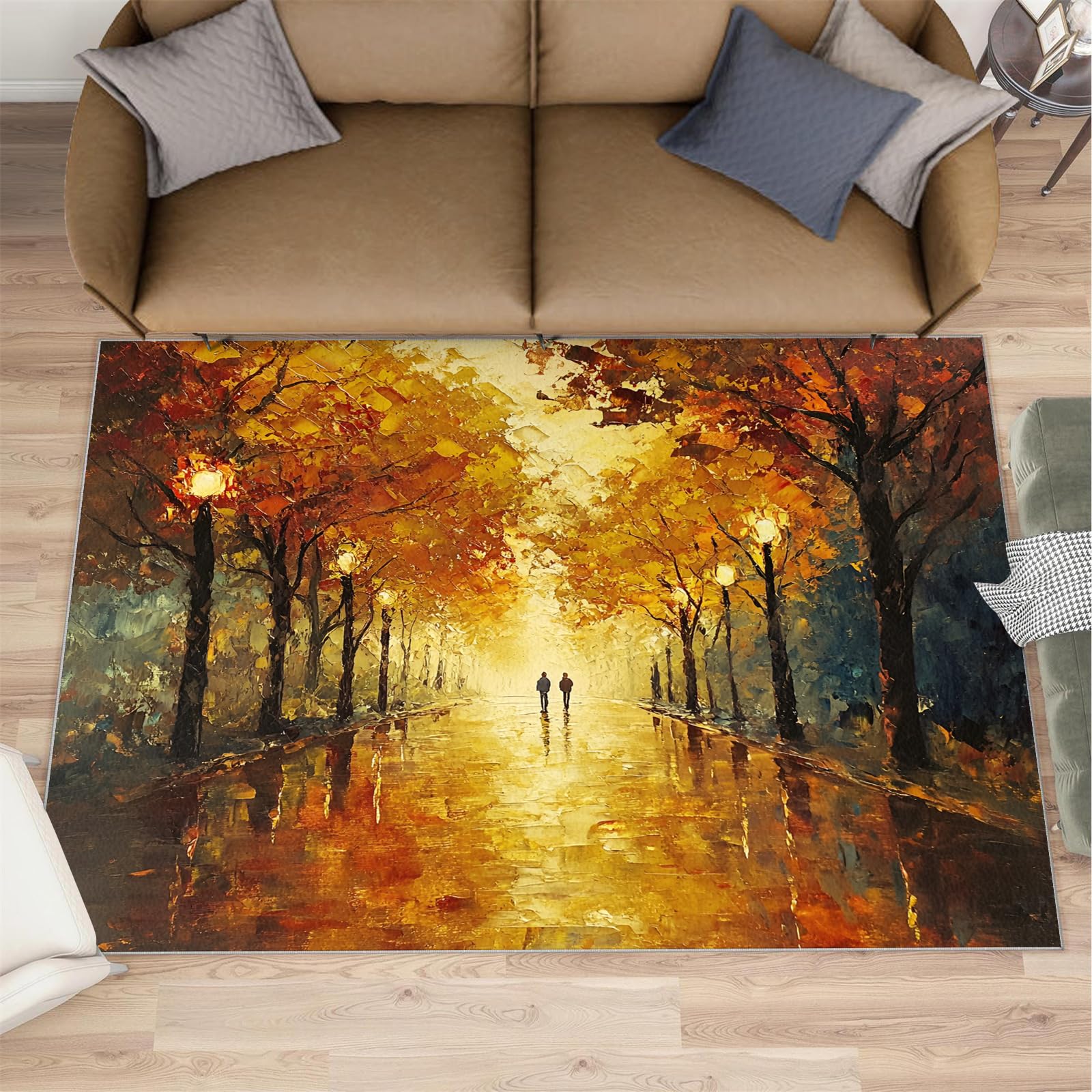 XEODIAT Autumn Shade Rugs for Bedroom 100x150cm Autumn Oil Painting Living Room Rugs,Romantic Street Couple Carpets Non-Slip Carpet for Dining Room Easy To Clean