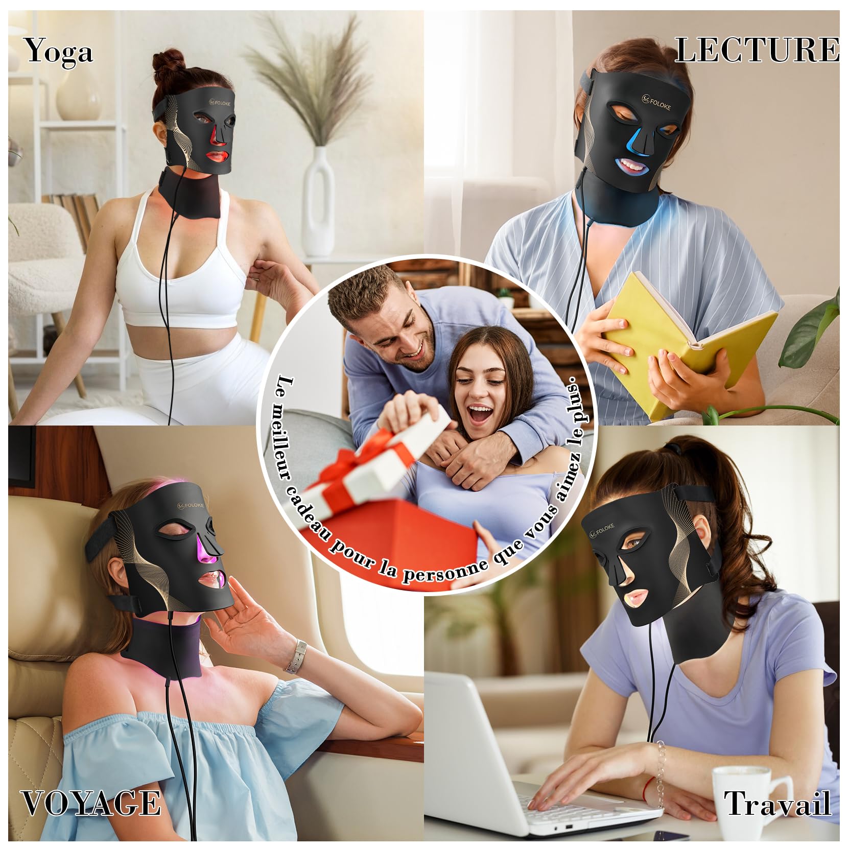 FOLOKE Masque LED de Luminothérapie Visage et Cou, LED à Lumière Rouge et Infrarouge, Masque Facial LED pour Soin du Visage à Domicile (Noir)