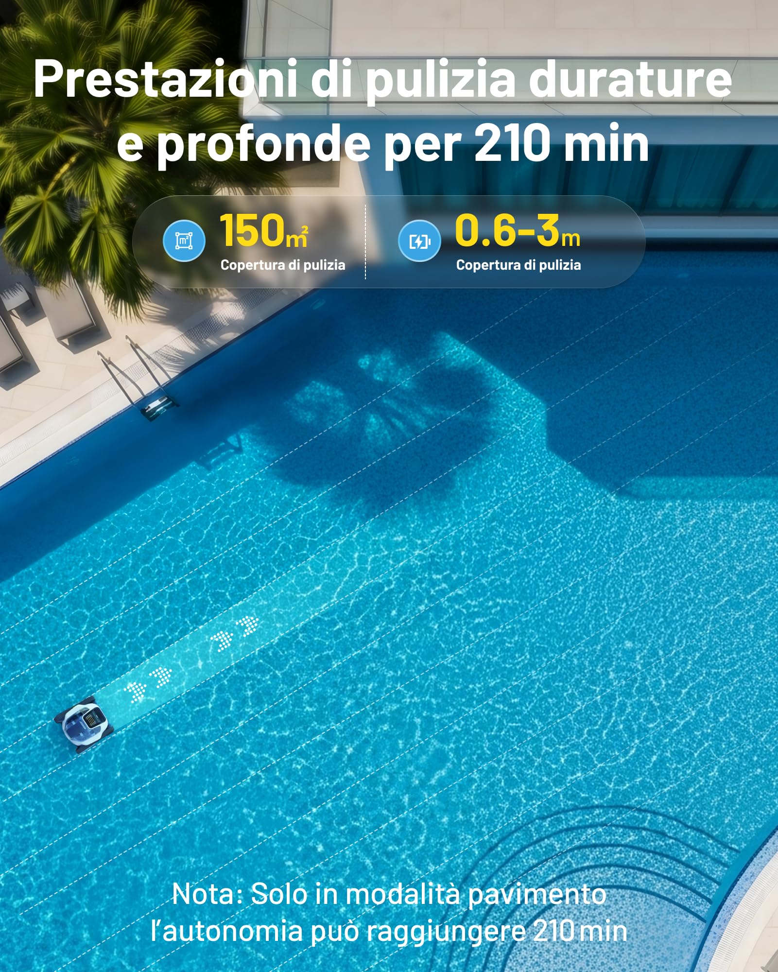 Spino E1 Robot Piscina Fondo e Parete Linea Acqua, Autonomia di 210 Min