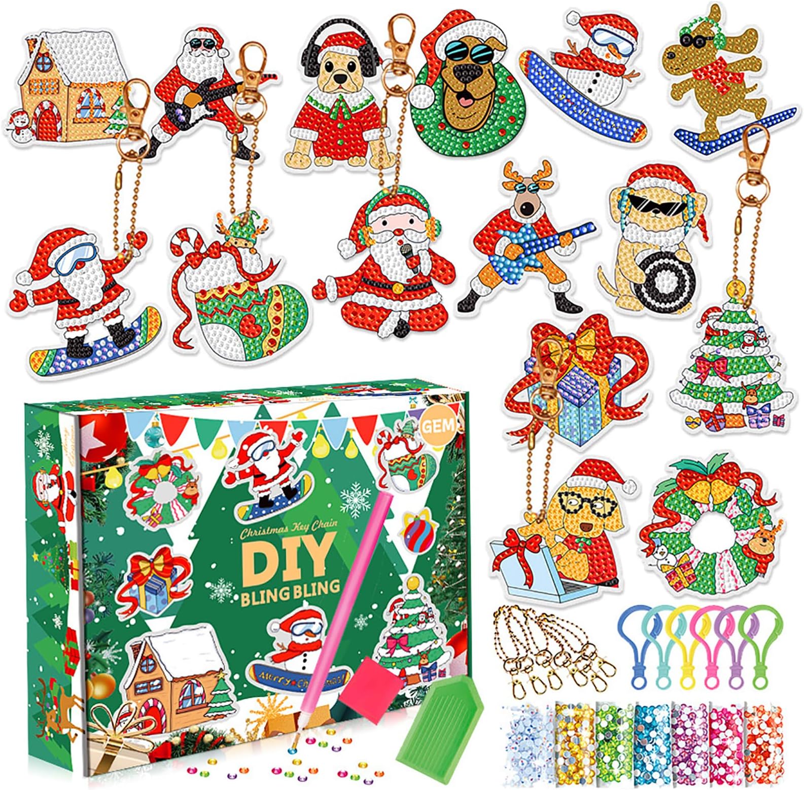 Beauenty 15pcs Arts and Crafts for Kids Diamond Painting Kit Make Your Own GEM Keychains Acrylic Paint by Number Arts and Crafts DIY Keychains Crafts for Girls Boys Kids Ages 3-12 (Christmas 1)