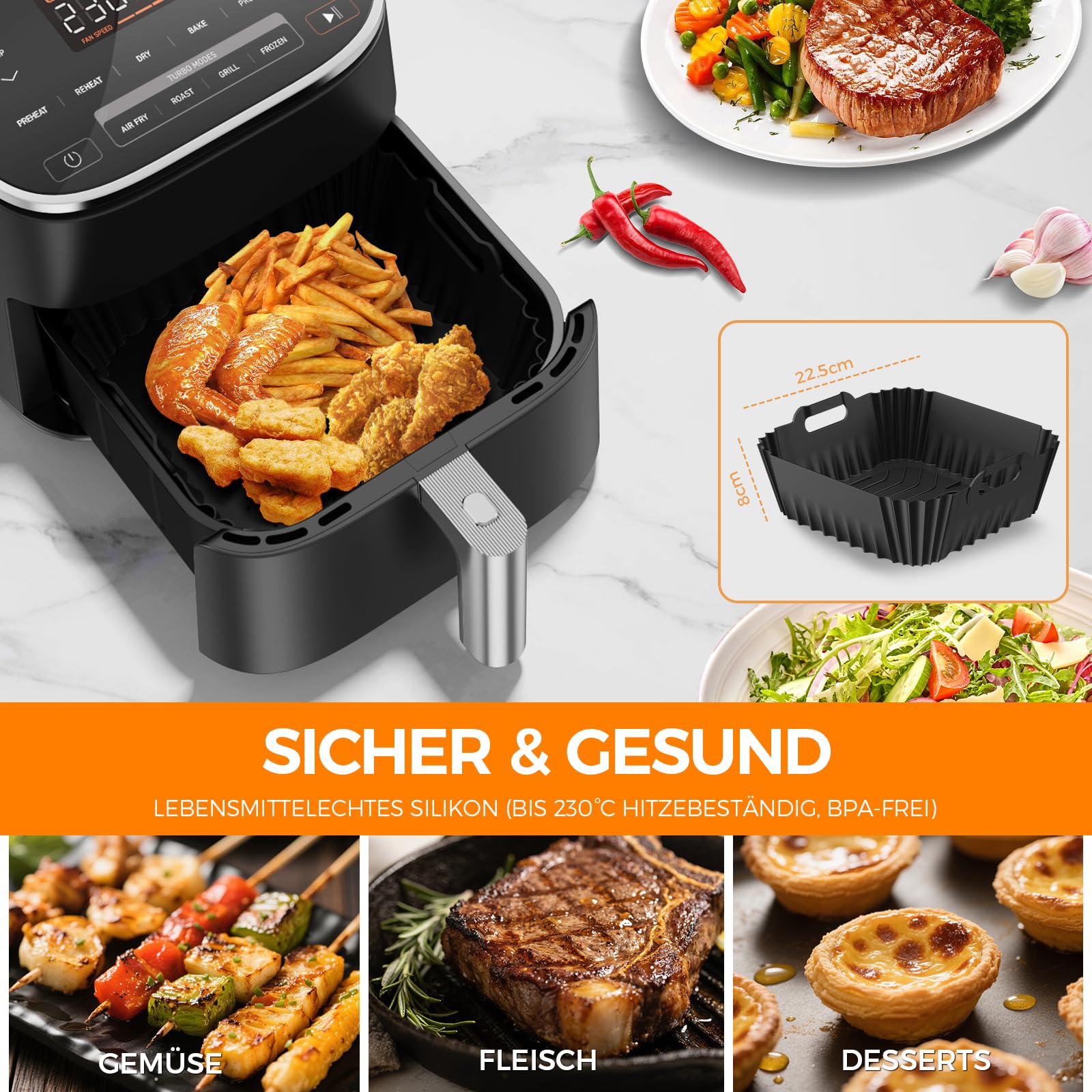 Accessori Airfryer 19 Pezzi – Stampi In Silicone E Acciaio Per COSORI, Ninja, Cecotec, Chefman – Teglie, Pirottini, Carta Forno E Spruzzatore
