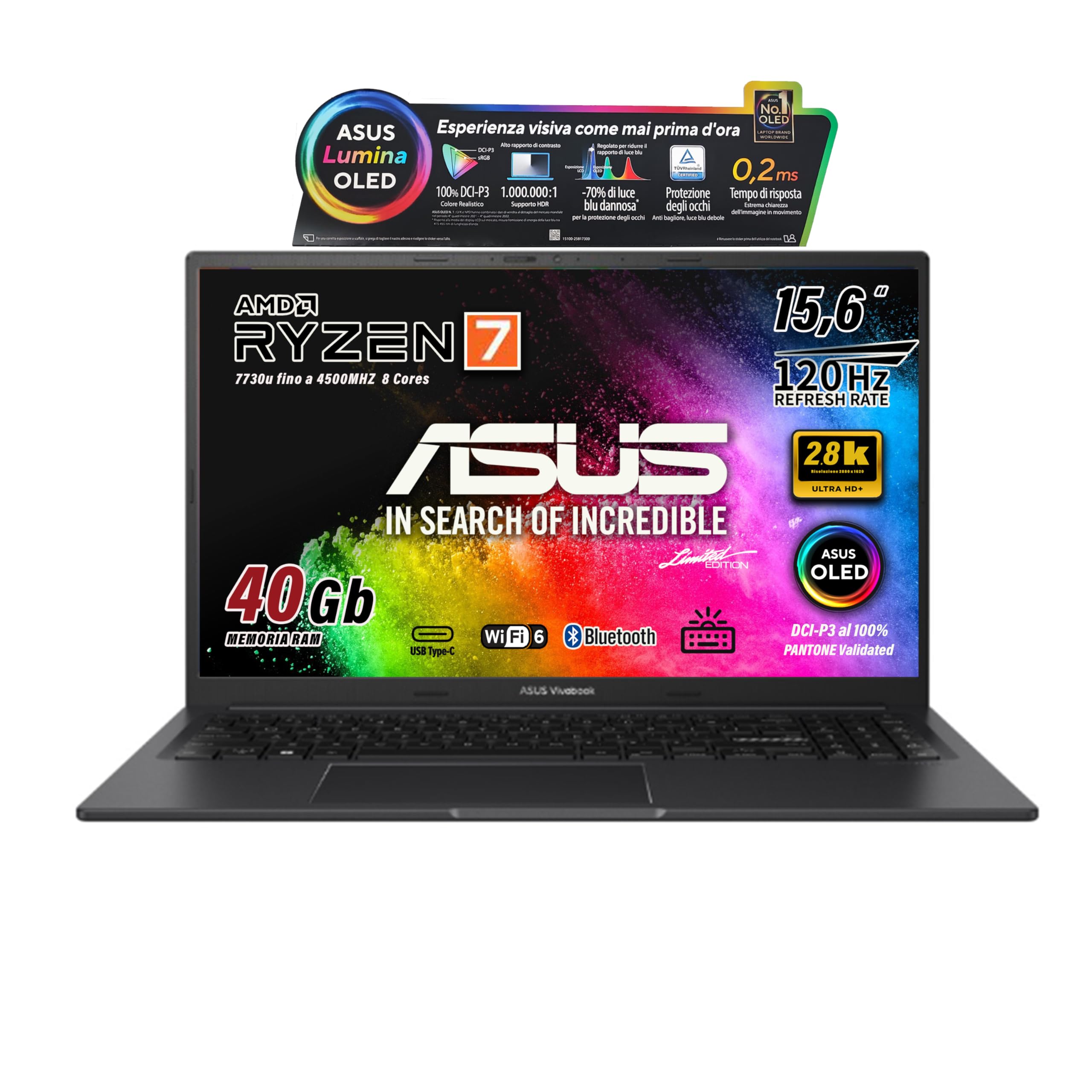 ASUS Notebok Vivobook OLED Display 2,8K 15.6" 2880x1620, Cpu Amd Ryzen 7 7730u, 8Core, Ram 40Gb, SSD 512Gb Nvme, Win11, wi-fi 6, webcam, Usb3.2, Hdmi, Bt5.3, Tastiera retroilluminata, Preconfigurato