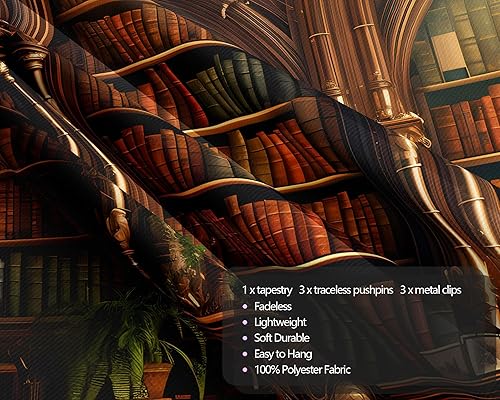 Miniatura 6 de QGHOT Tapiz vintage para colgar en la pared, tapiz retro de pared de biblioteca, libros antiguos en estante, sala de estudio clásica, estudiante,