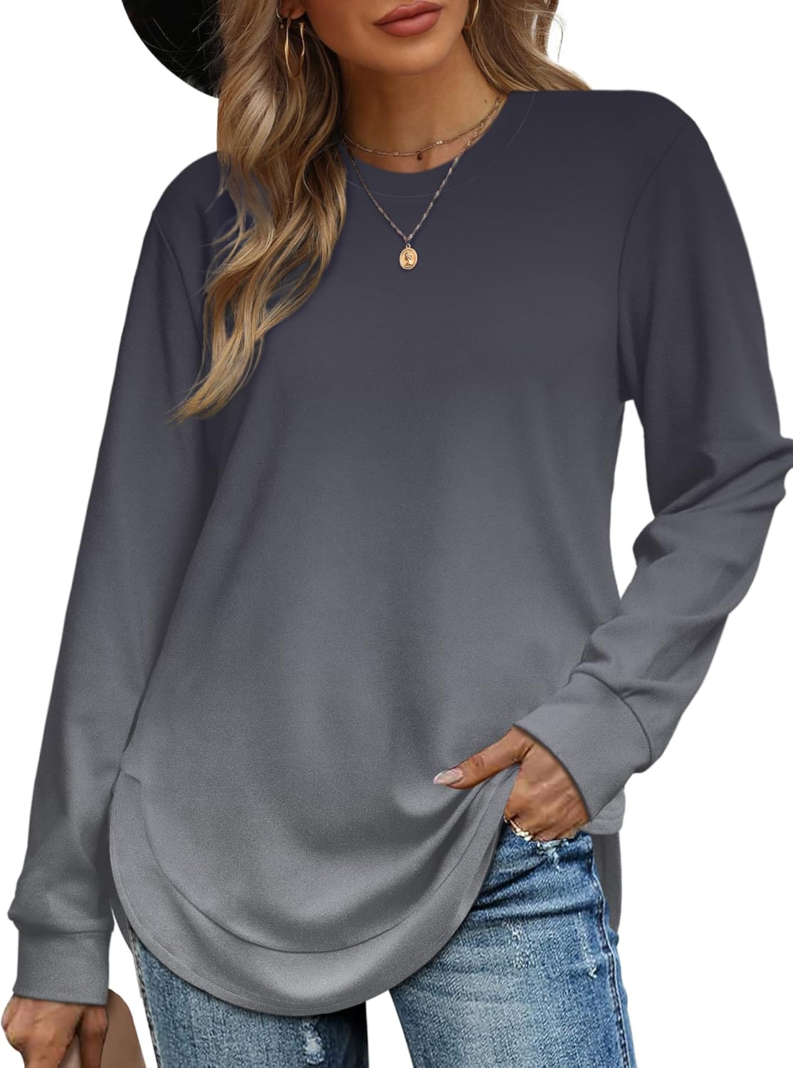 OFEEFAN Crew Neck Sweatshirts Women Tunic Tops For Women Loose Fit Curved Hem - Image 2