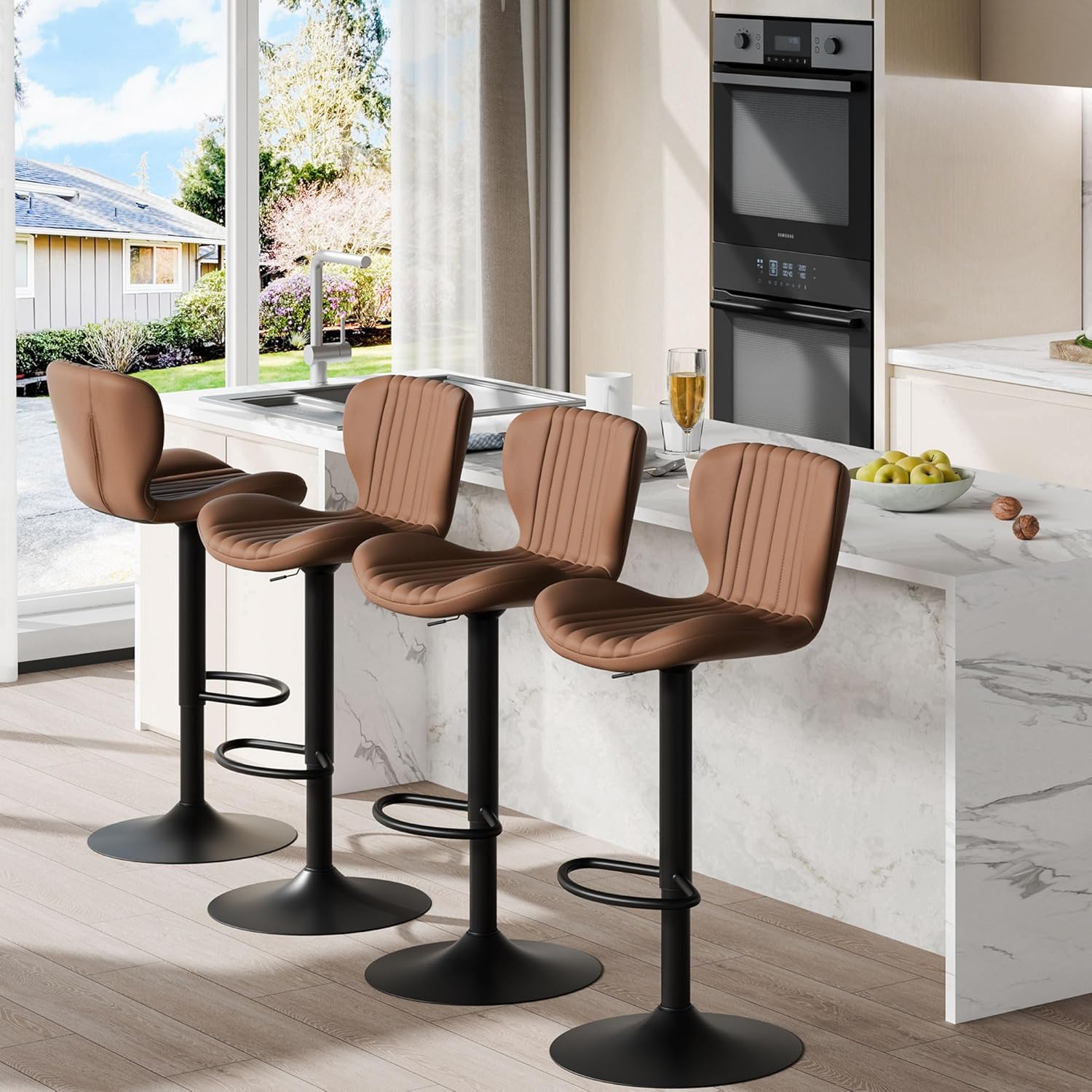 ONLY 2 CHAIRS***Shintenchi Bar Stools Set of 4 Modern Swivel Bar Chairs, Counter Height Faux Leather Metal Barstools, Upholstered Island Chairs with Back and Footrest, Coffee Coffee 4 PCS