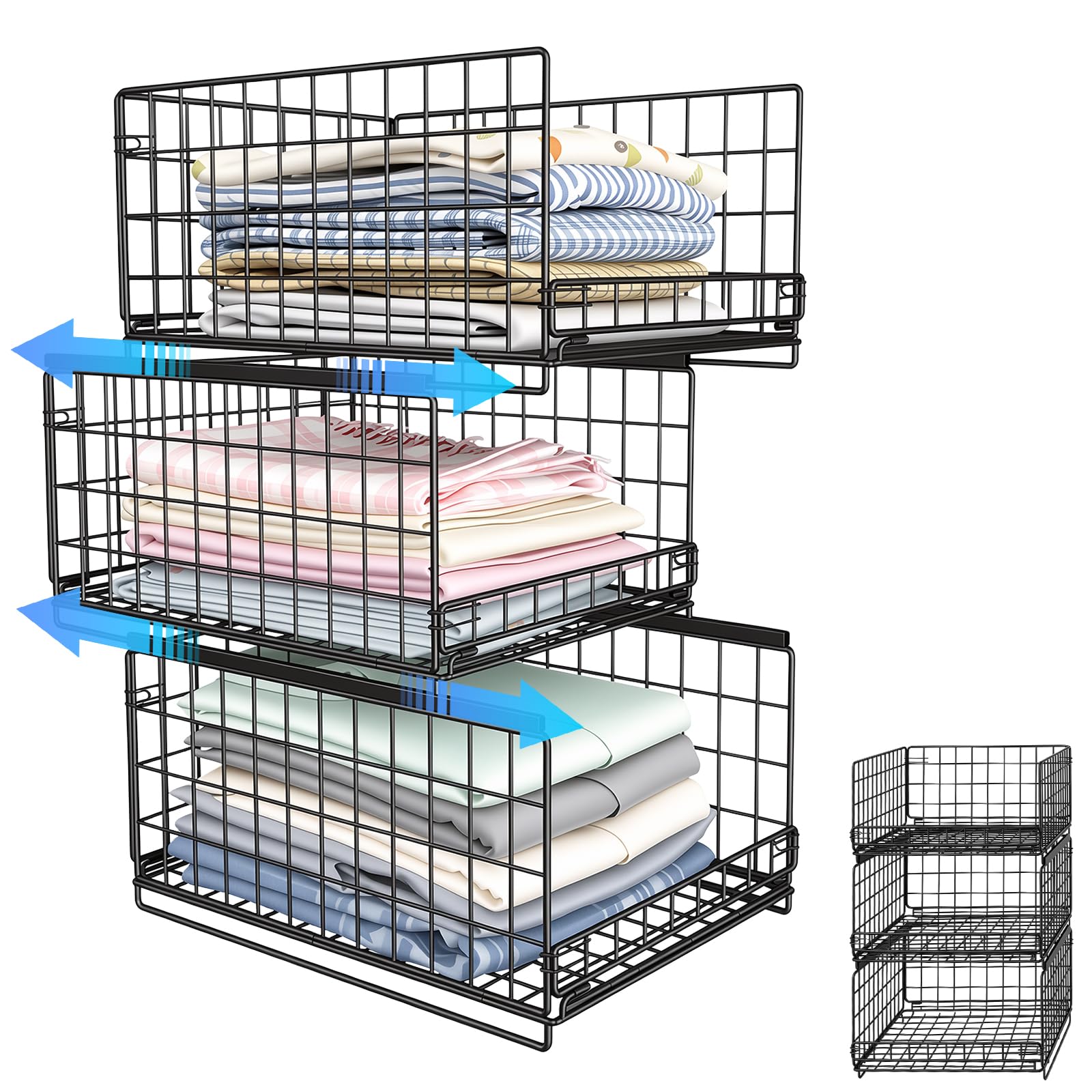 Drawers for Inside Wardrobe, 3 Pack Wardrobe Storage Organiser Pull Out Clothes Basket Cupboard Cabinet Clothing Rack Deep Drawer Stackable Boxes Sliding Bins Storage Shelves (Carbon Steel 20KG Load)