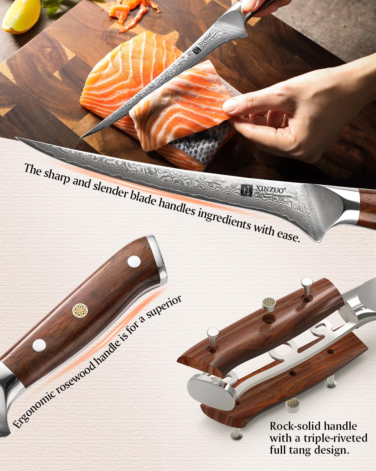XINZUO Acier Damas 18cm Couteau à Filet, 67 Couche Damas Acier de Couteau à Désosser pour Désosser le Poisson et la Viande, Couteaux à Fileter Chef Professionnel -Poignée Bois de Rose