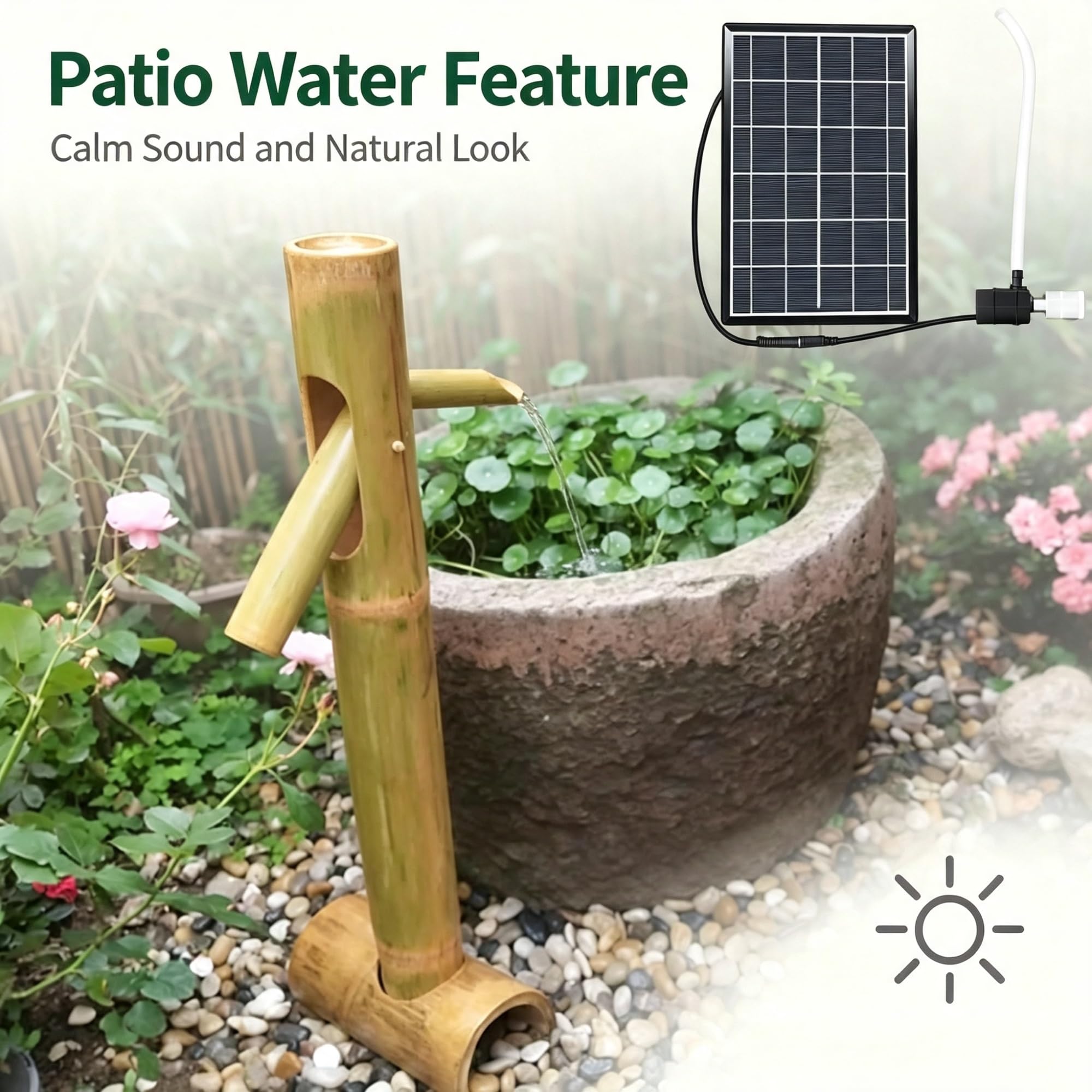 Fontana a bilanciere tradizionale giapponese, kit fontana solare in bambù | Con pompa 'acqua solare, fontana Zen da esterno for giardino, patio o cortile