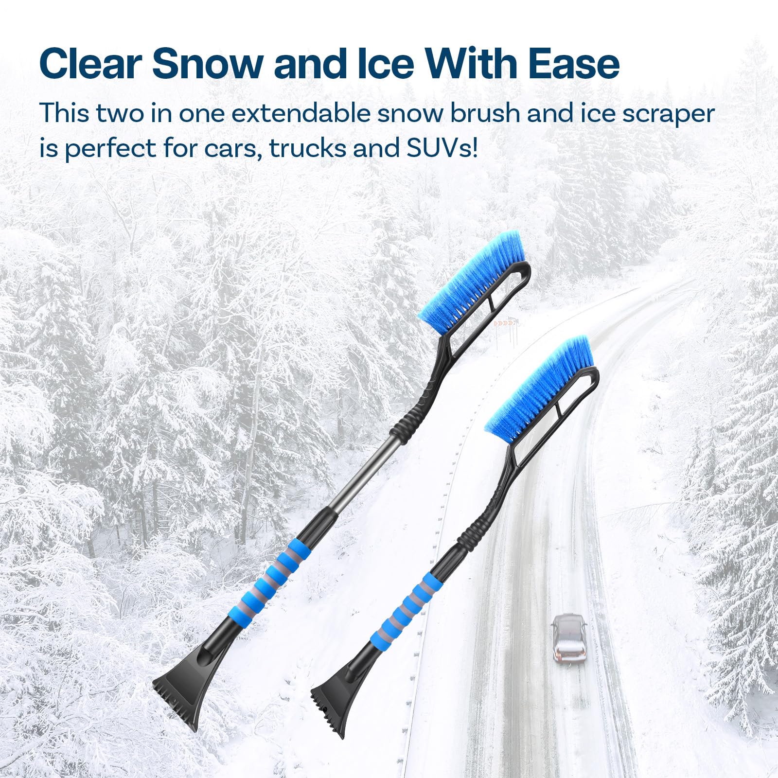 FINEVERNEK IJskrabber voor de auto met bezem, 3-in-1 multifunctionele sneeuwborstel, intrekbare ijskrabber voor de auto, auto ijskrabber met 360° draaibare borstelkop, 86 cm lange sneeuwschop met