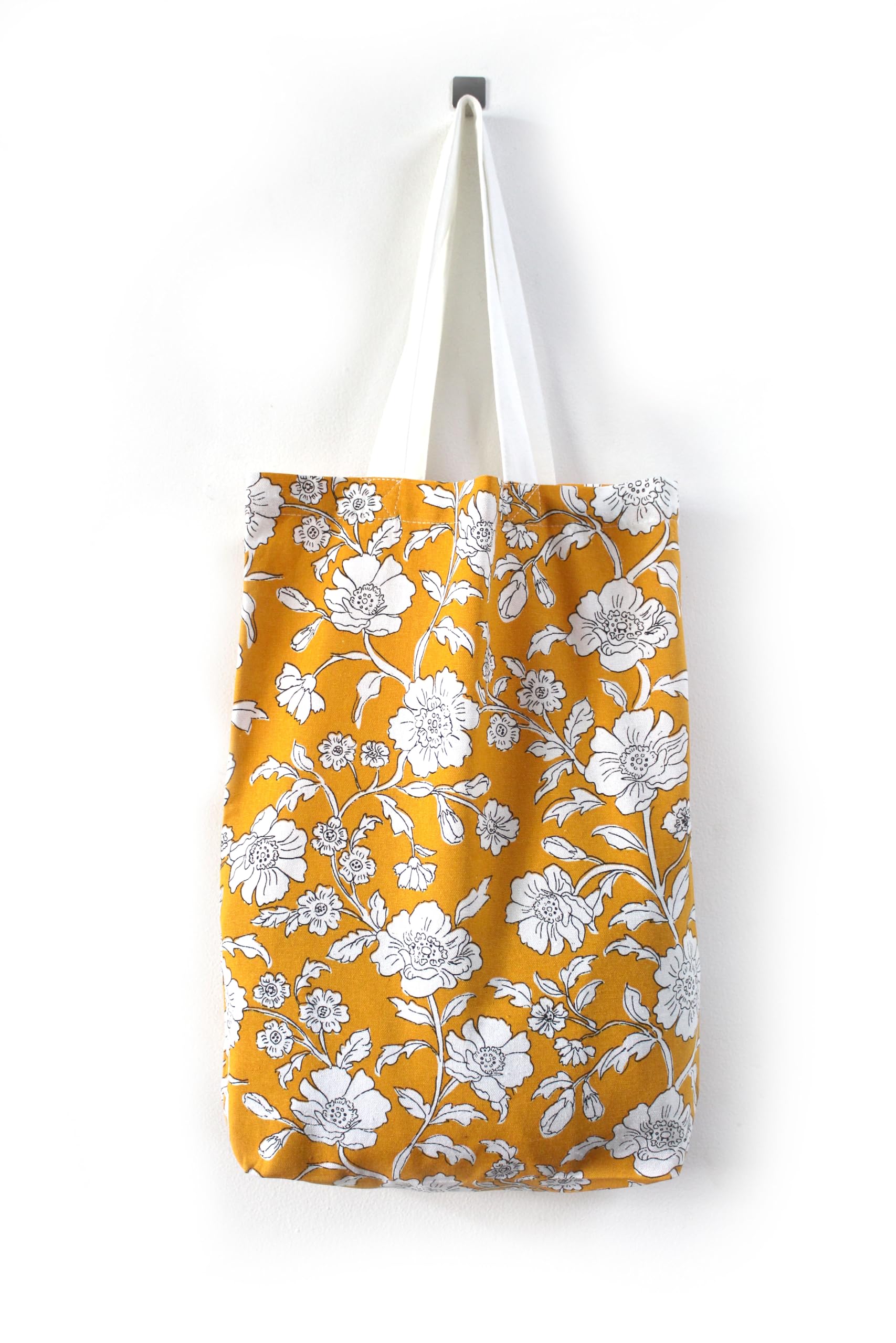 Canvas Tote Bag, Mustard Yellow with White Floral Pattern, Reusable Shopping Bag b-picture-23