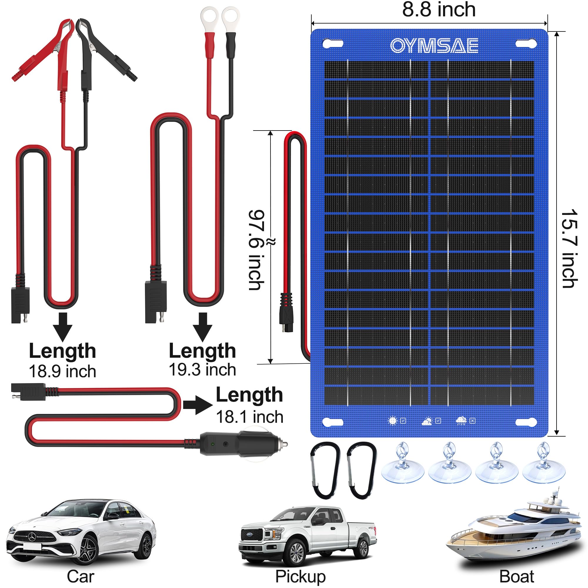 OYMSAE Chargeur solaire et mainteneur de batterie 12 V 15 W – Chargeur de batterie étanche avec contrôleur intelligent pour voiture, bateau, camping-car, camion – Comprend une prise allume-cigare et