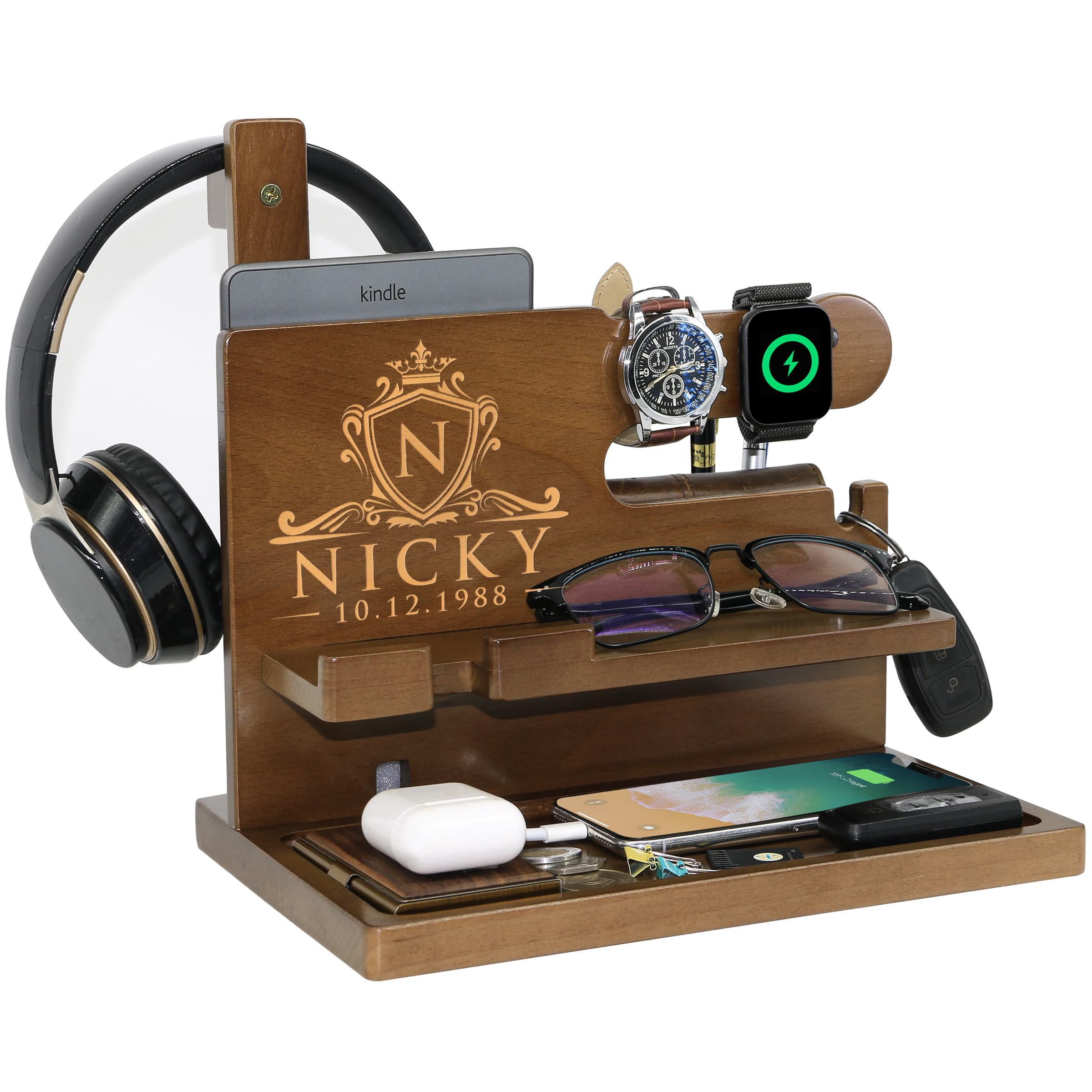 ASLINYASLINY Personalized Desk Organizer for Men - Handmade Accessories Organizer with Headphone Stand, Watch Holder, Pen Holder, Tablet Holder - Unique Gift Ideas for Him on Birthday Anniversary