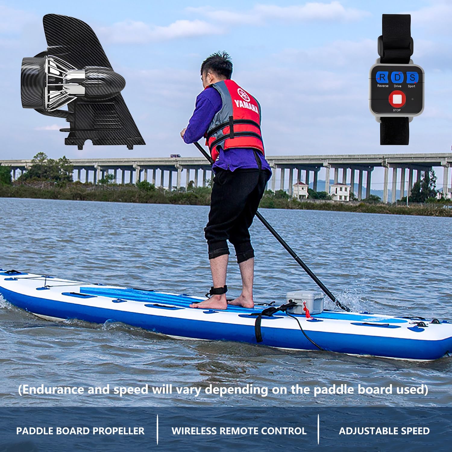 Pinne elettriche per SUP, motore elettrico per kayak gonfiabile, con contenitore, elic*a di ricambio, telecomando da polso, batteria da 288 Wh, 3-6 km/h, autonomia massima di 20 km, plug-and-play.