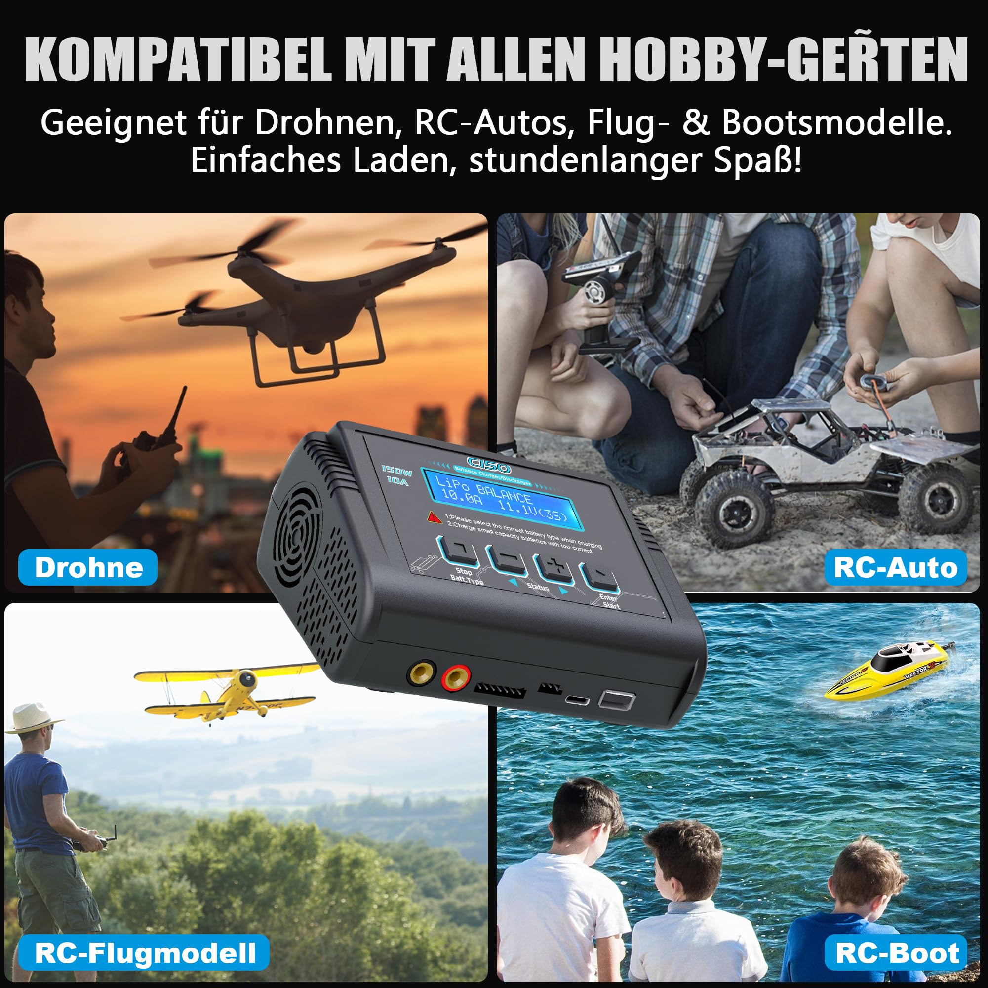HTRC C150 LiPo Ladegerät 150W 10A RC Akku Ladegerät Balancer für LiHV/LiPo/Li-Ion/Life 1-6S, NiMH/NiCd 1-15S, PB 2-20V, AC/DC, LCD, 20 Speicherplätze