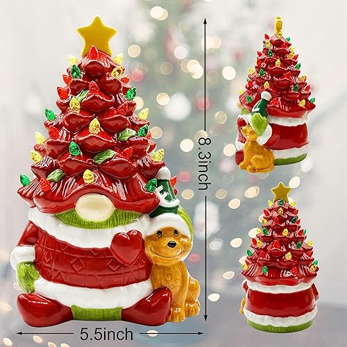 Miniatura 7 de pinata Decoración navideña de gnomo de cerámica, gnomo rojo para mujeres, hombres y niños, árbol de Navidad de cerámica iluminado, decoración de