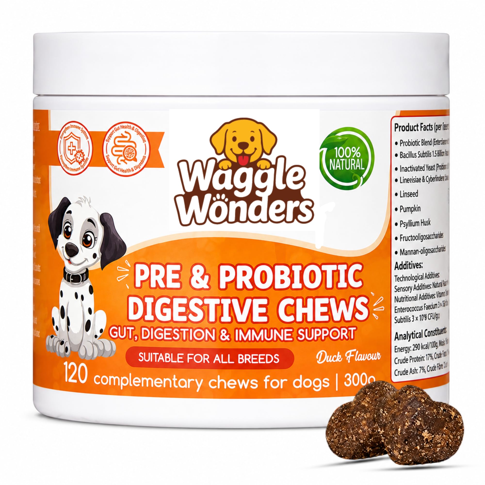Waggle Wonders – Probiotics for Dogs Digestive Health - Pre & Probiotic Chews for Dogs, Gut Health Support with Pumpkin Powder, Sensitive Stomach & Digestive Support, Soft Dog Treats, 120 Chews