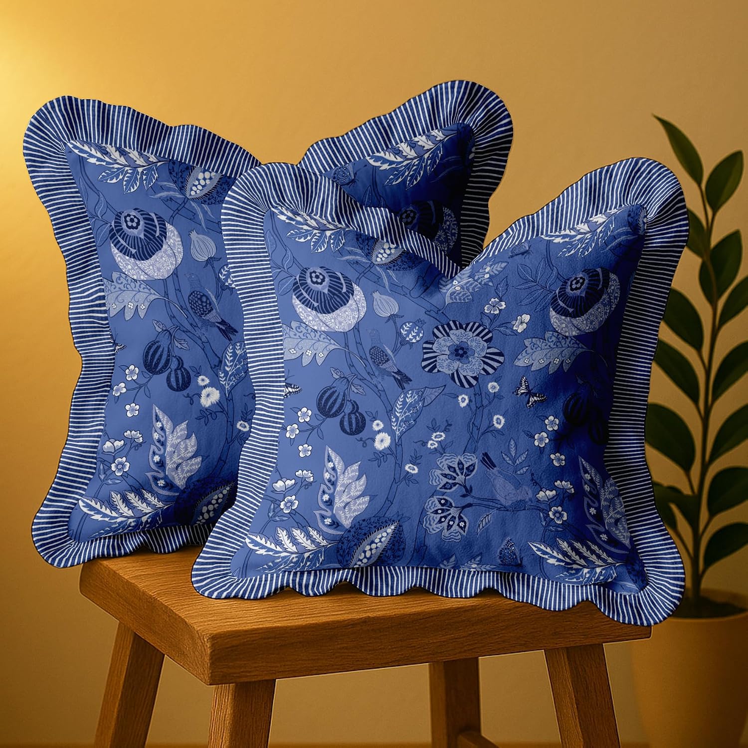 16x16 Cotton Cushion Covers Set of 2 - Double-Sided Printed Frill Pillow Covers with Zipper, Floral Print, Farmhouse Style, 100% Cotton Twill, No Filler